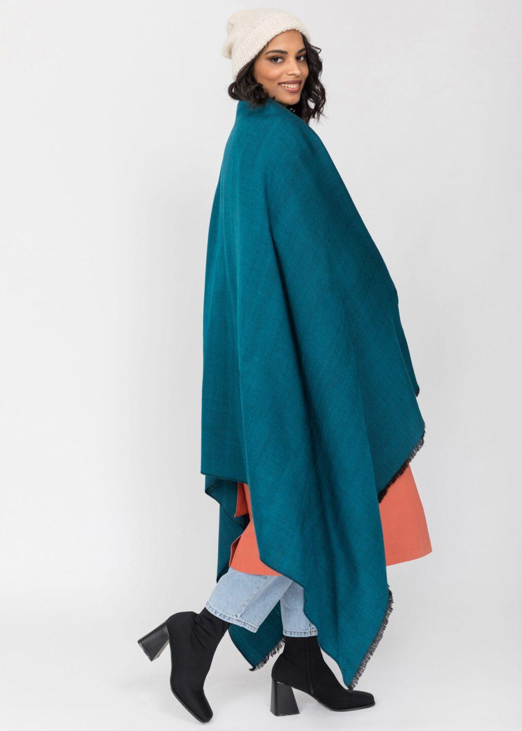 Ethically Handwoven Merino Wool Blanket Scarf in Teal Twill Mix - likemary