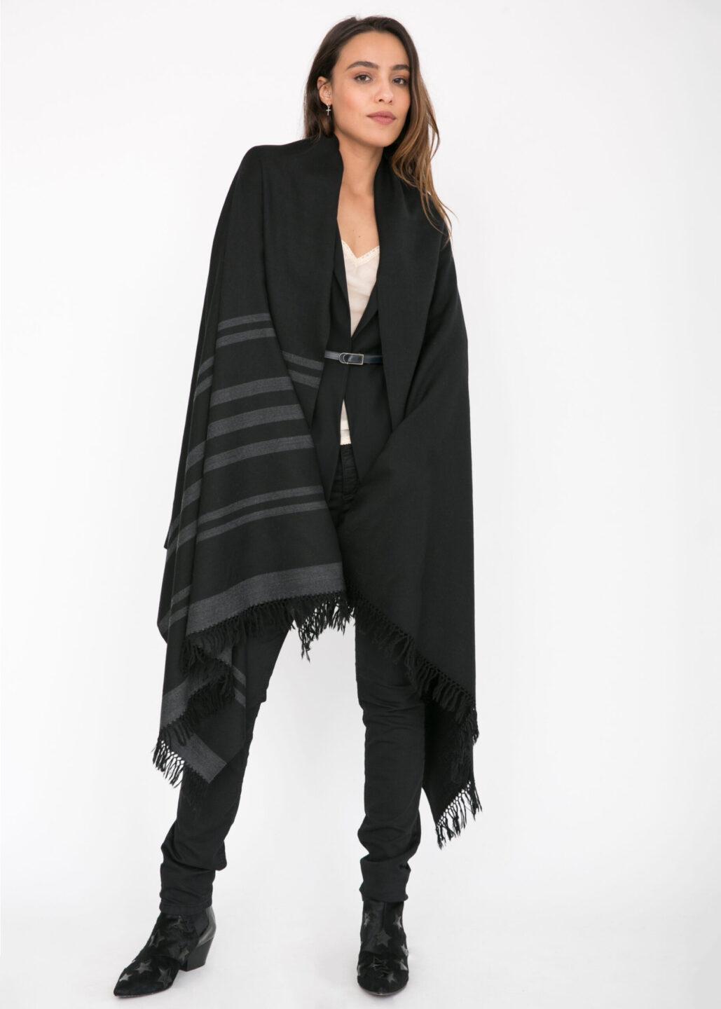 Ethically Handwoven Merino Wool Blanket Shawl in Black with Stripes - likemary
