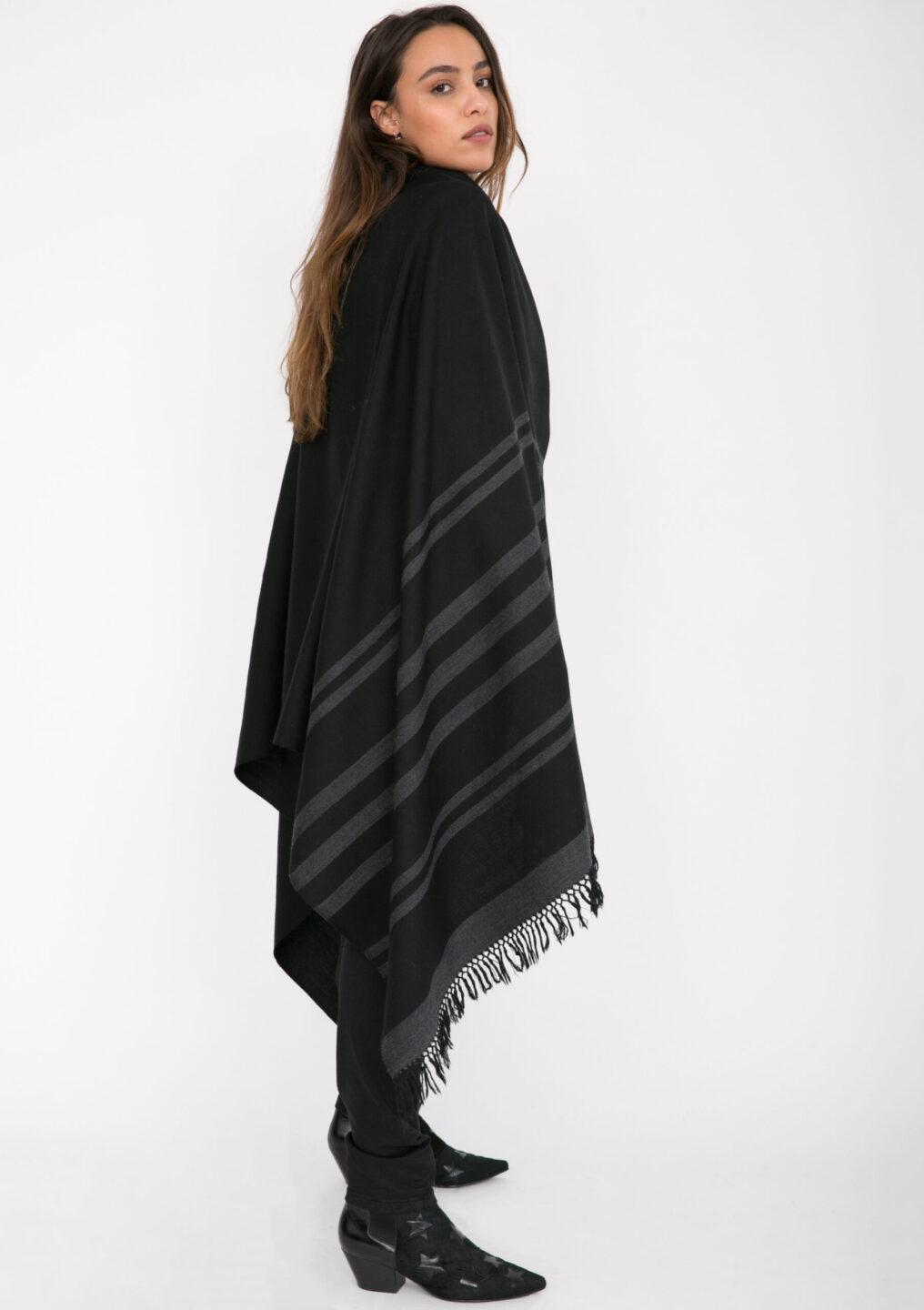 Ethically Handwoven Merino Wool Blanket Shawl in Black with Stripes - likemary