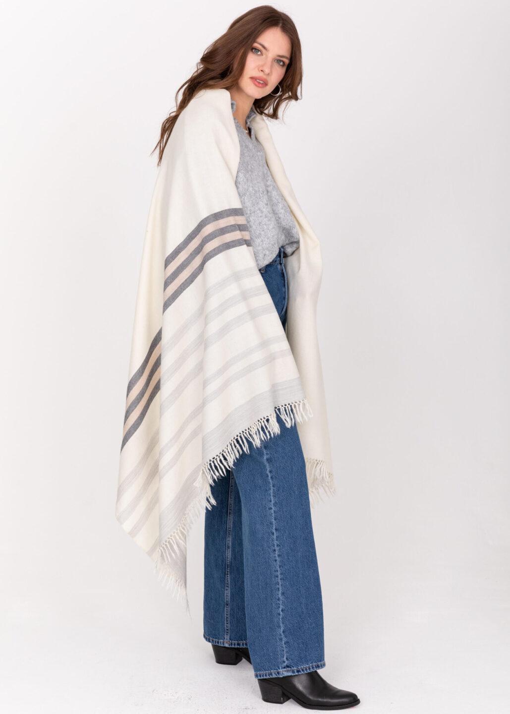 Ethically Handwoven Merino Wool Blanket Shawl in Cream with Stripes - likemary