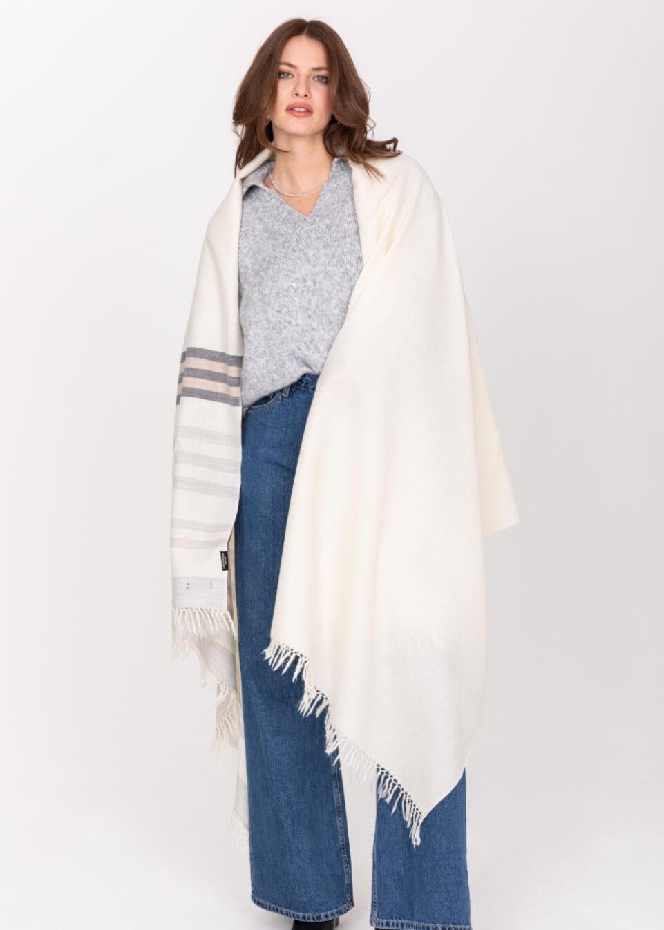 Ethically Handwoven Merino Wool Blanket Shawl in Cream with Stripes - likemary
