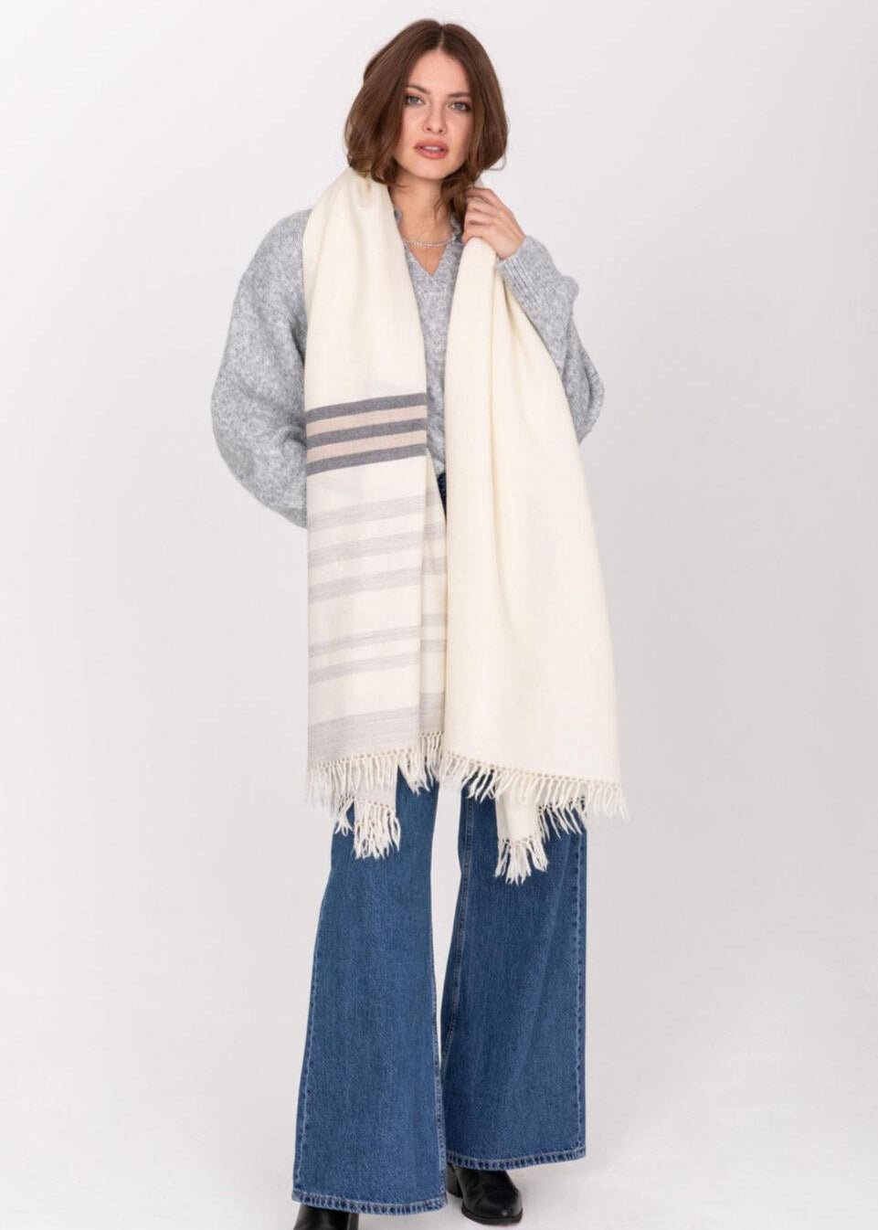 Ethically Handwoven Merino Wool Blanket Shawl in Cream with Stripes - likemary