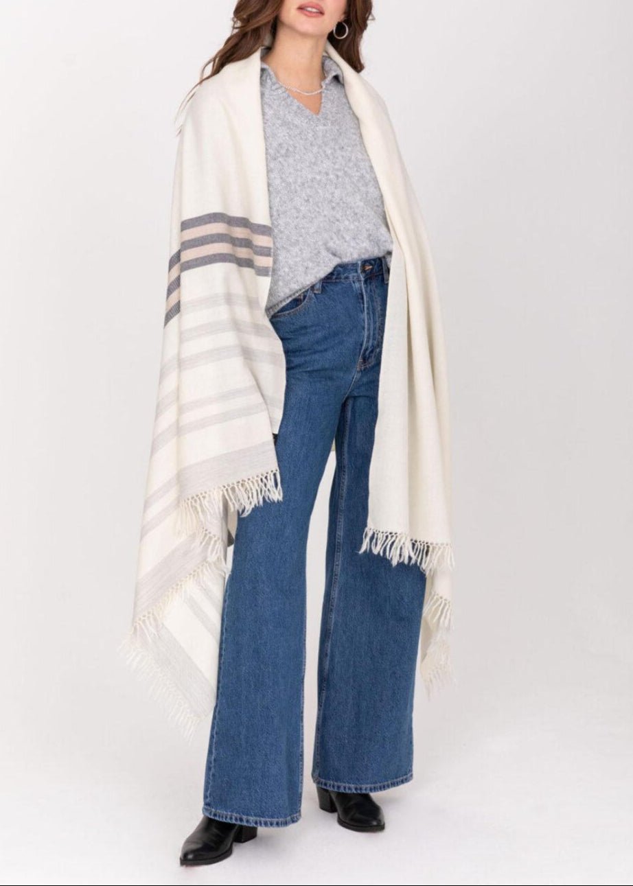 Ethically Handwoven Merino Wool Blanket Shawl in Cream with Stripes - likemary