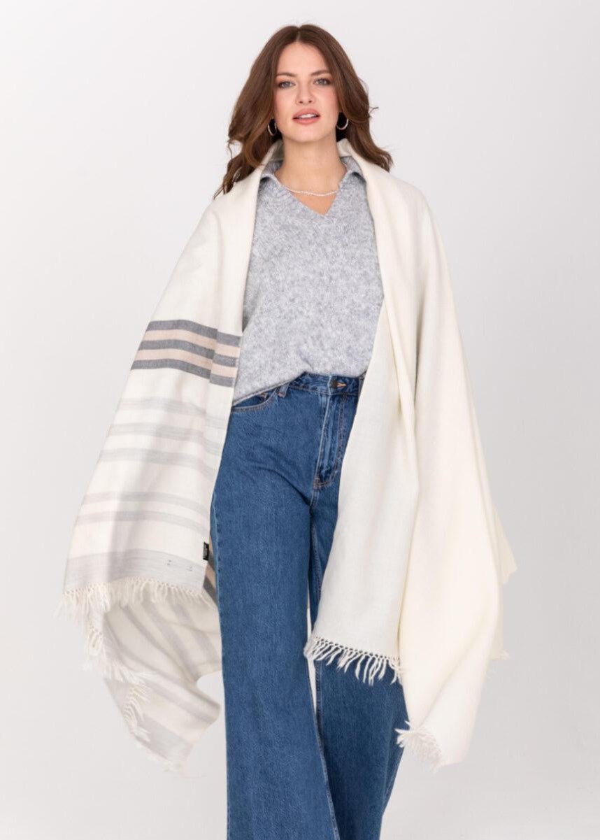 Ethically Handwoven Merino Wool Blanket Shawl in Cream with Stripes - likemary