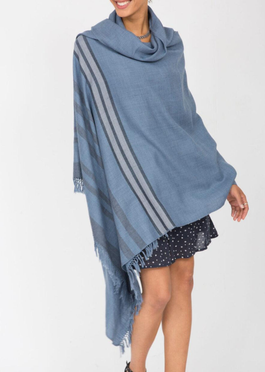 Ethically Handwoven Merino Wool Blanket Shawl in Jeans Blue with Stripes - likemary