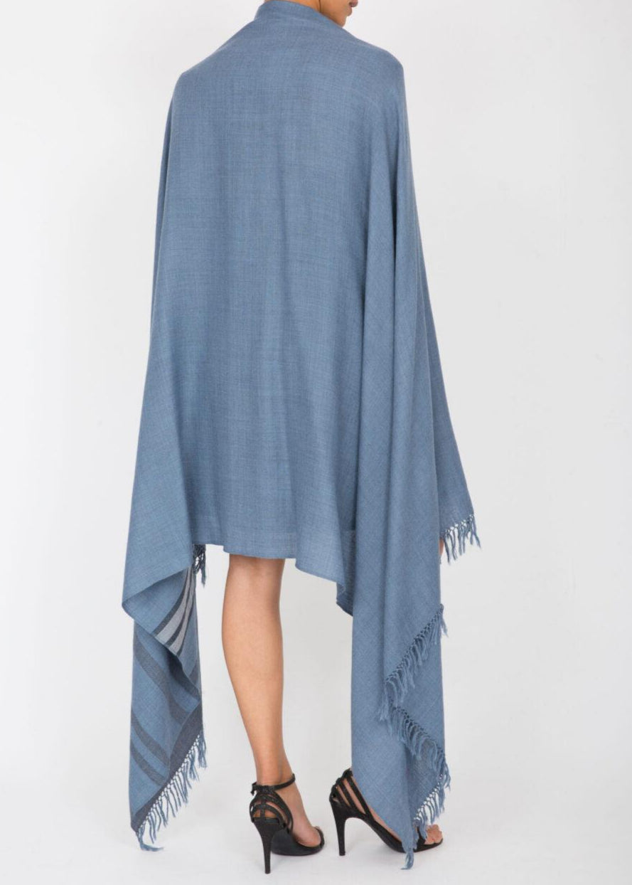 Ethically Handwoven Merino Wool Blanket Shawl in Jeans Blue with Stripes - likemary