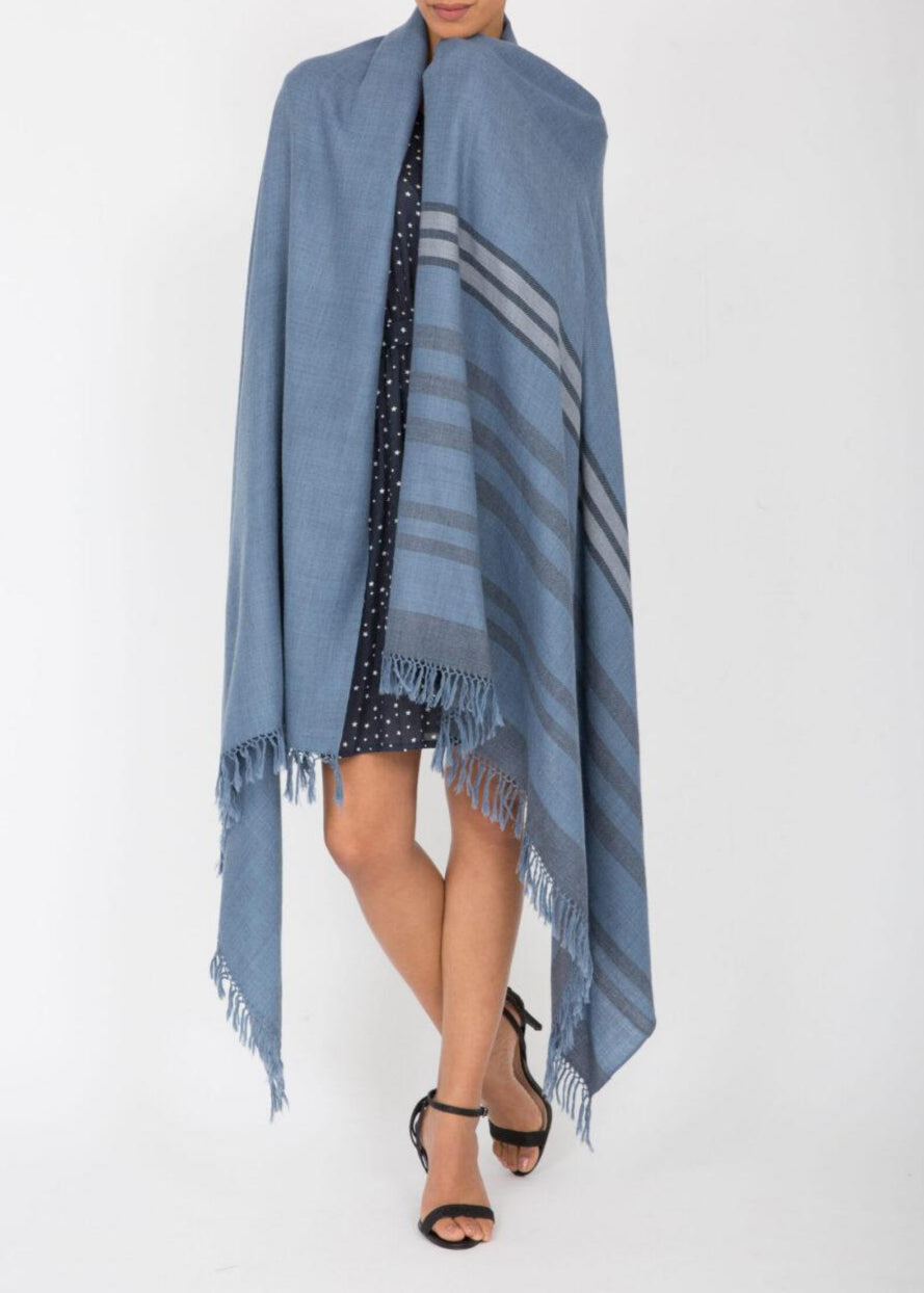Ethically Handwoven Merino Wool Blanket Shawl in Jeans Blue with Stripes - likemary