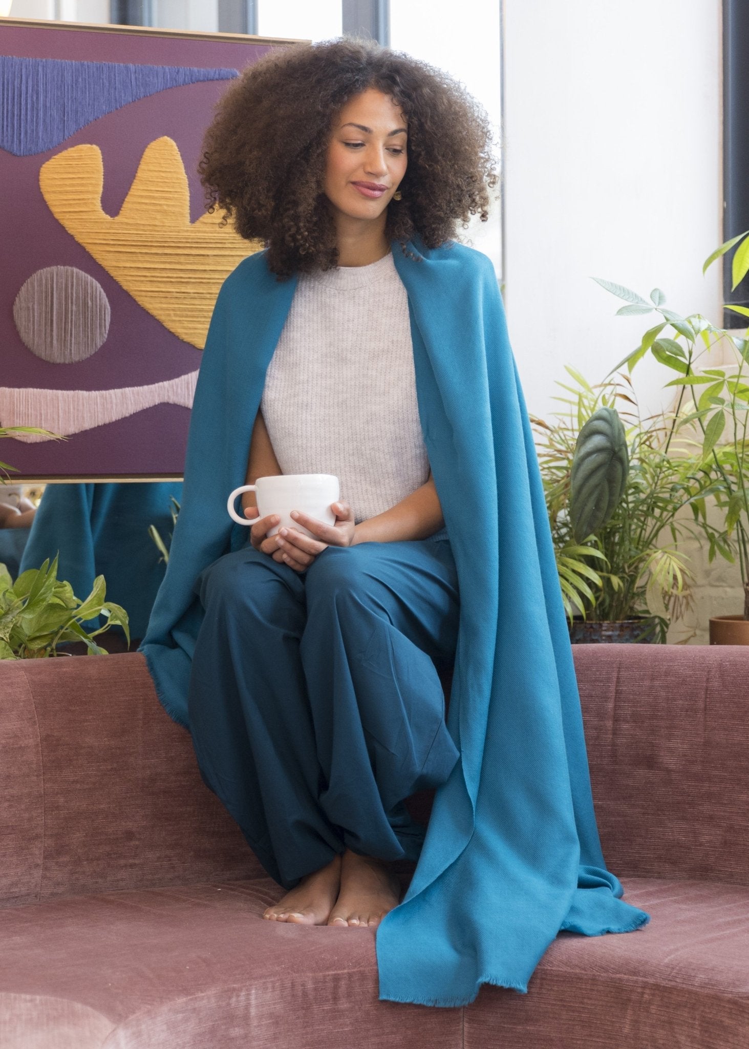 Ethically Handwoven Multi - Use Merino Wool Blanket Scarf in Turquoise - likemary