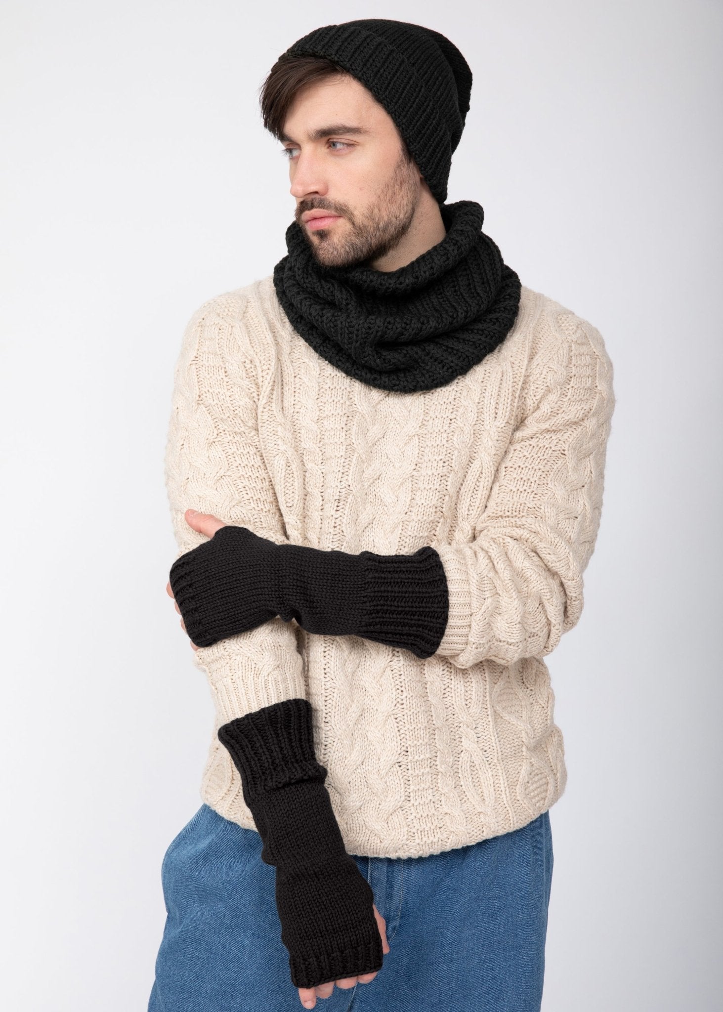 Ethically Made Men's Merino Wool Long Fingerless Gloves in Black - likemary