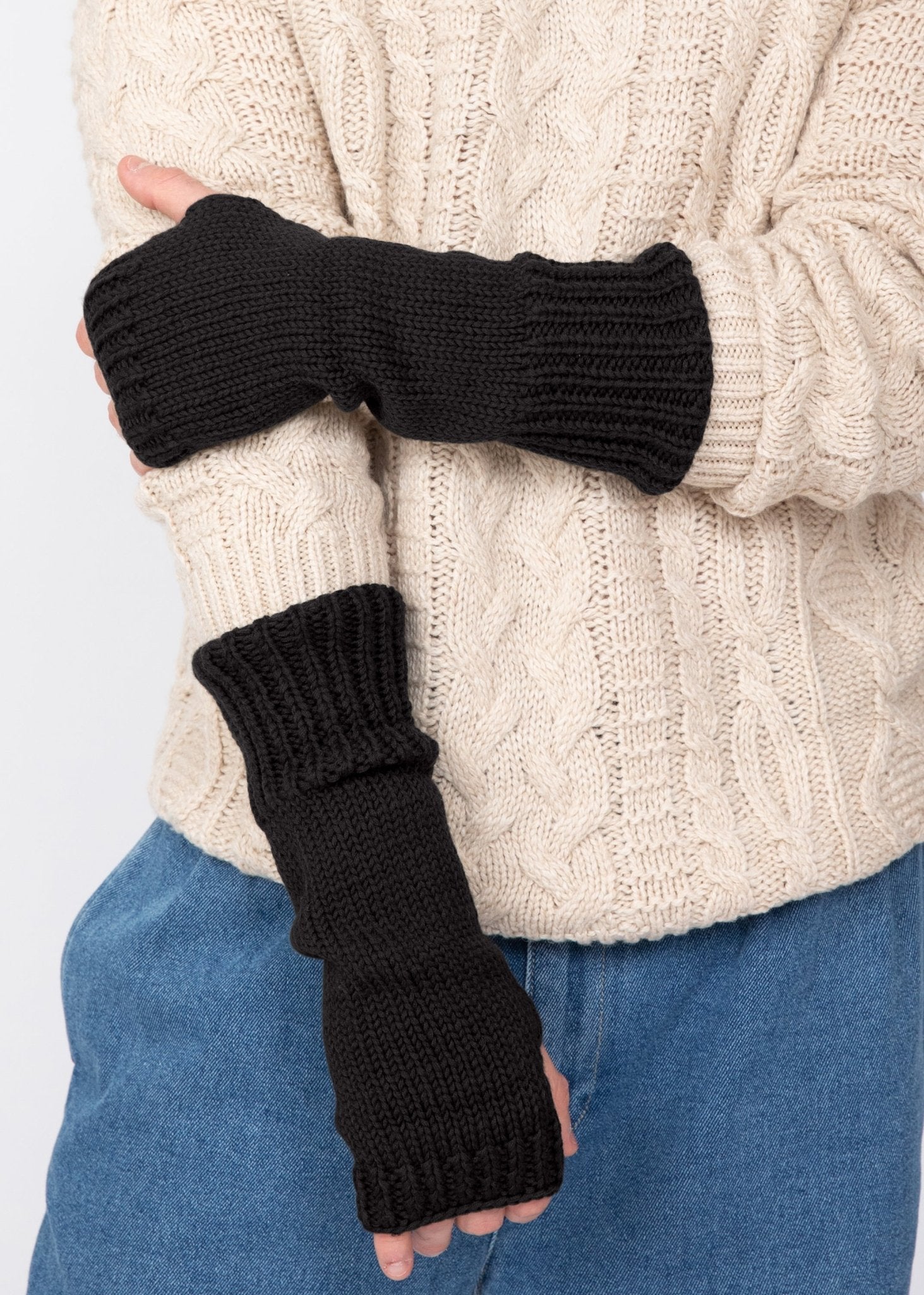 Ethically Made Men's Merino Wool Long Fingerless Gloves in Black - likemary