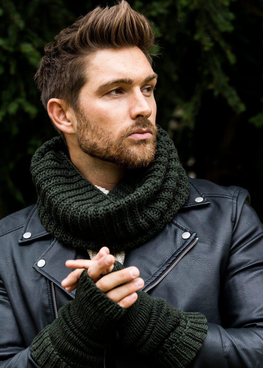Ethically Made Men's Merino Wool Long Fingerless Gloves in Camo Green - likemary
