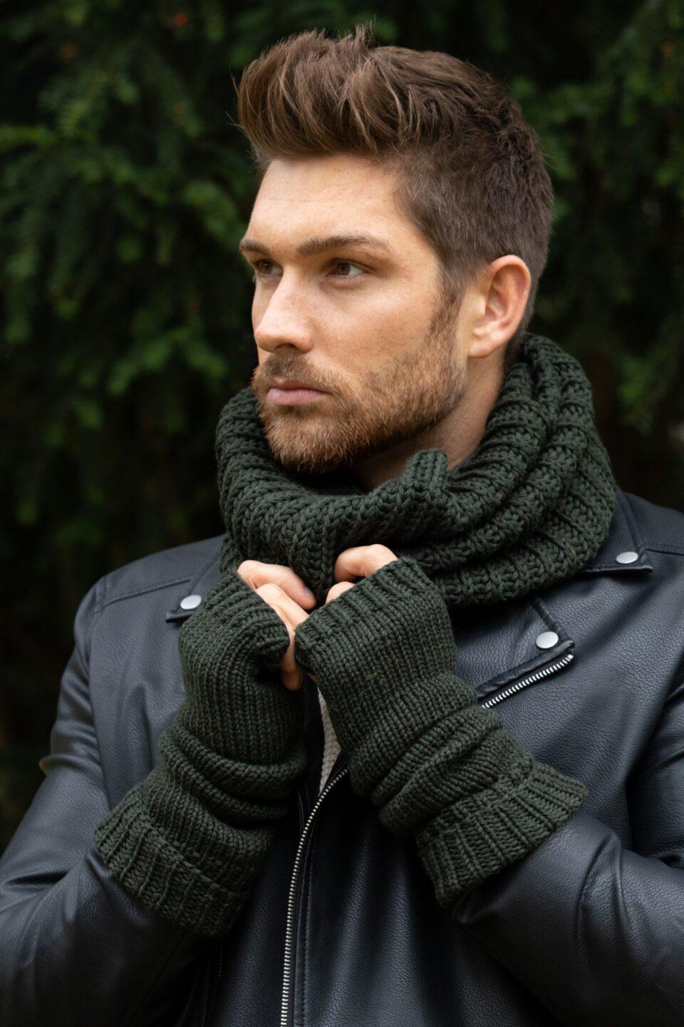 Ethically Made Men's Merino Wool Long Fingerless Gloves in Camo Green - likemary