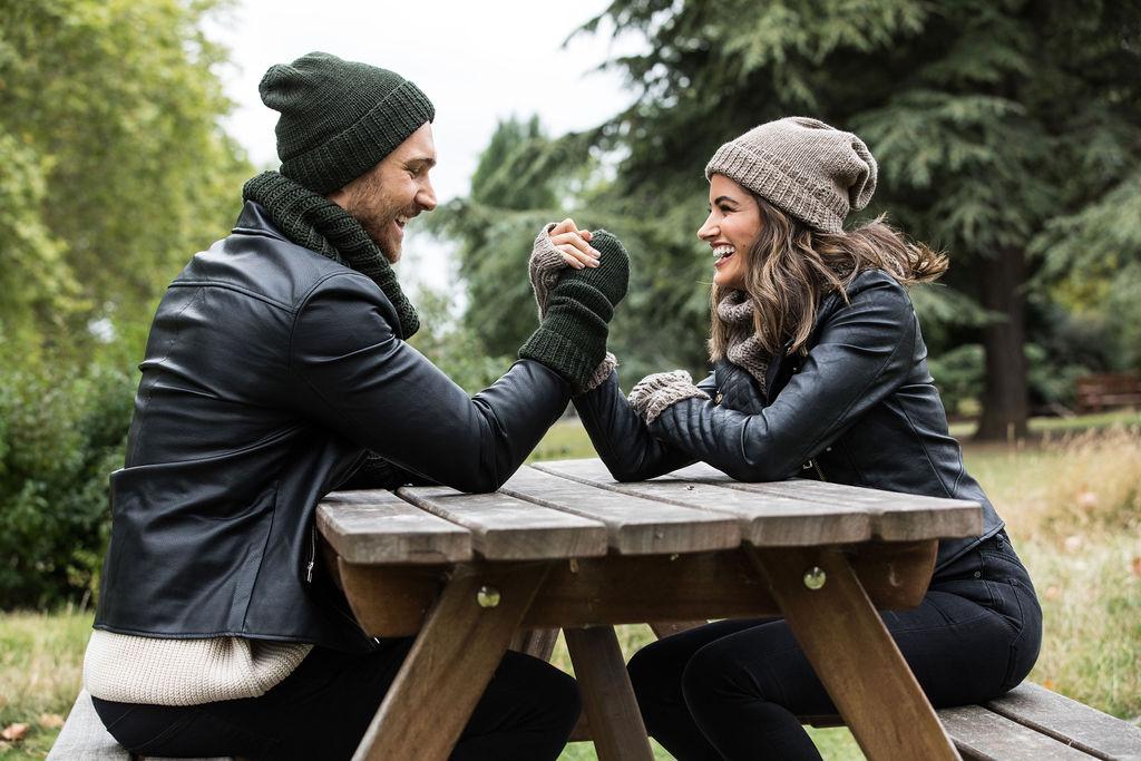 Ethically Made Men's Merino Wool Long Fingerless Gloves in Camo Green - likemary