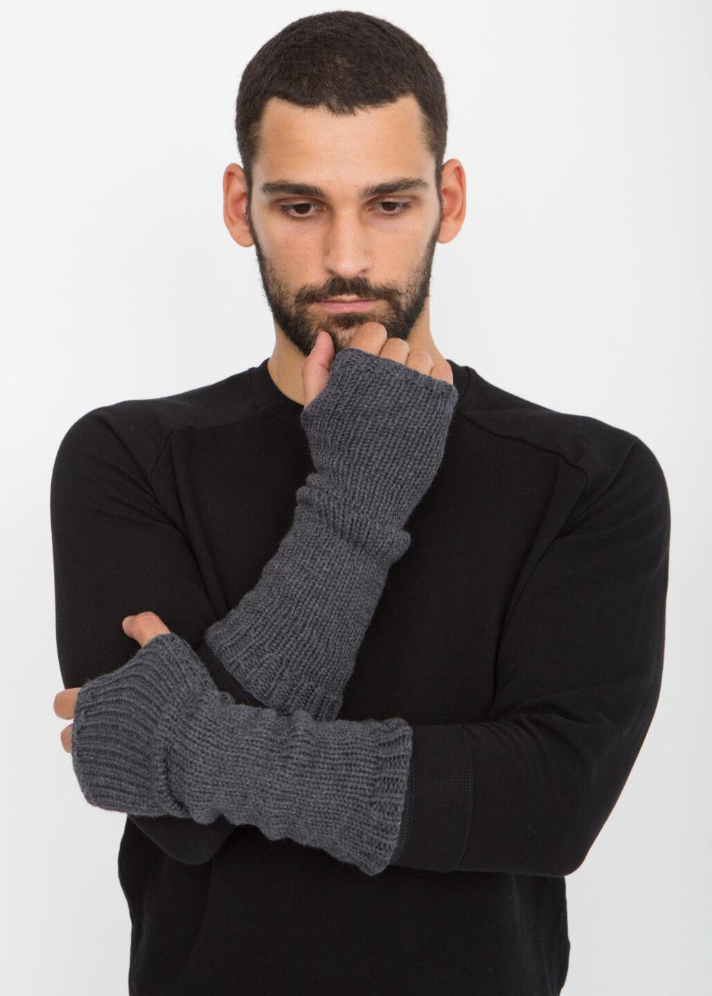 Ethically Made Men's Merino Wool Long Fingerless Gloves in Charcoal Grey - likemary