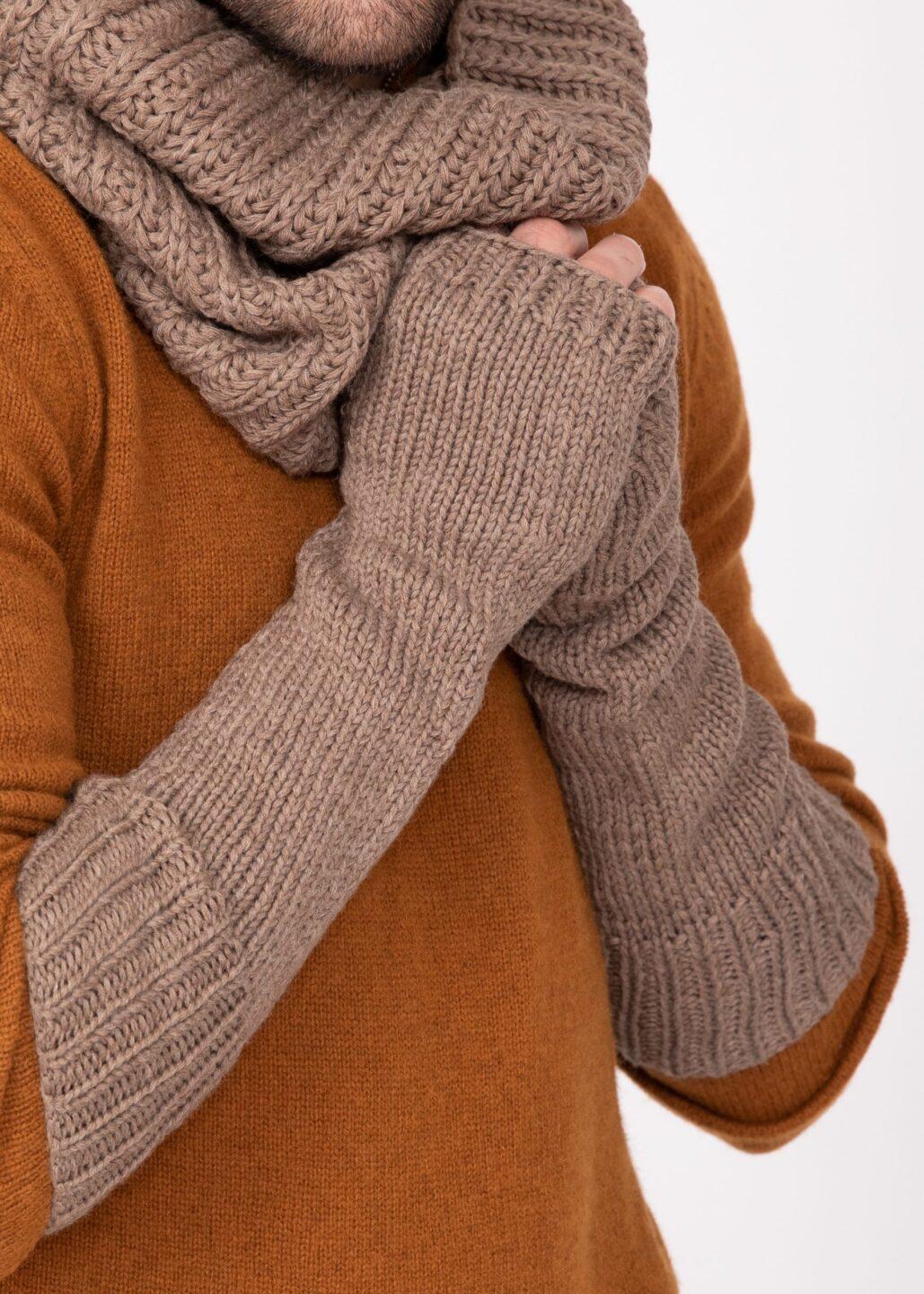 Ethically Made Men's Merino Wool Long Fingerless Gloves in Mocha Brown - likemary