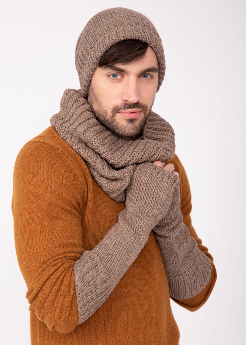Ethically Made Men's Merino Wool Long Fingerless Gloves in Mocha Brown - likemary