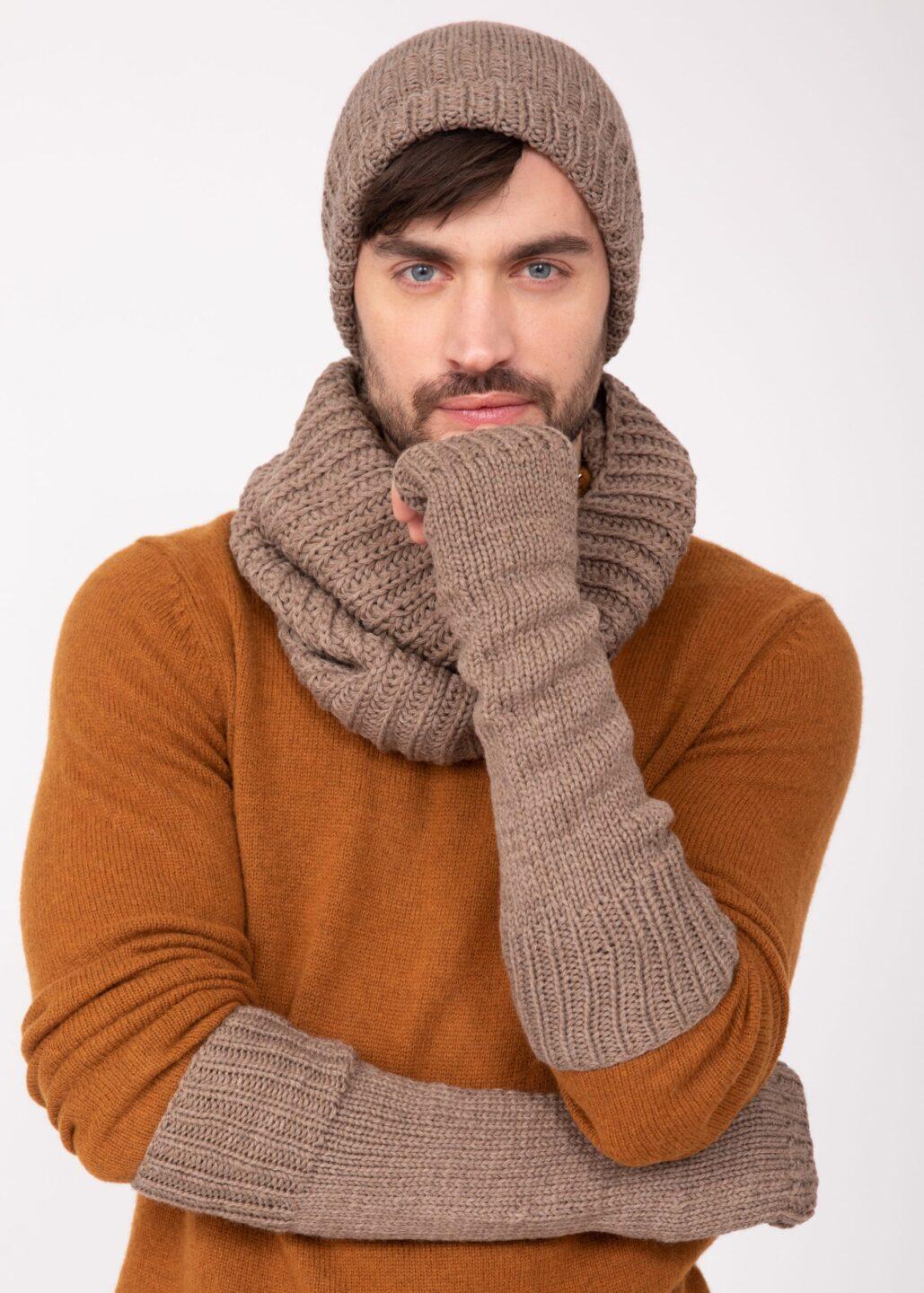 Ethically Made Men's Merino Wool Long Fingerless Gloves in Mocha Brown - likemary