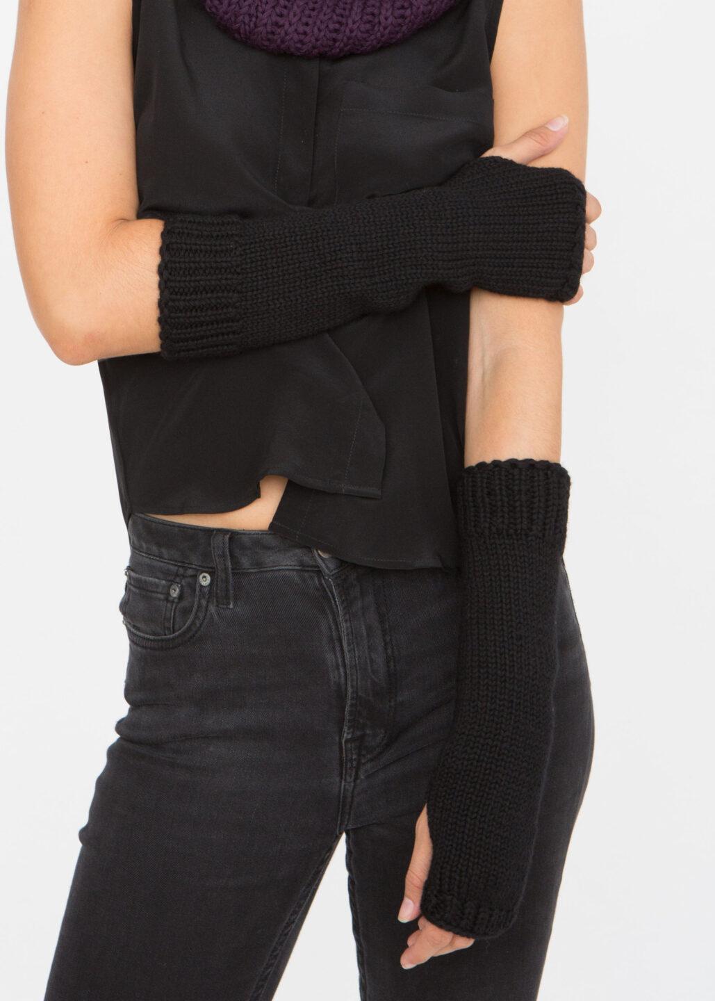 Ethically Made Merino Wool Long Fingerless Gloves in Black - likemary