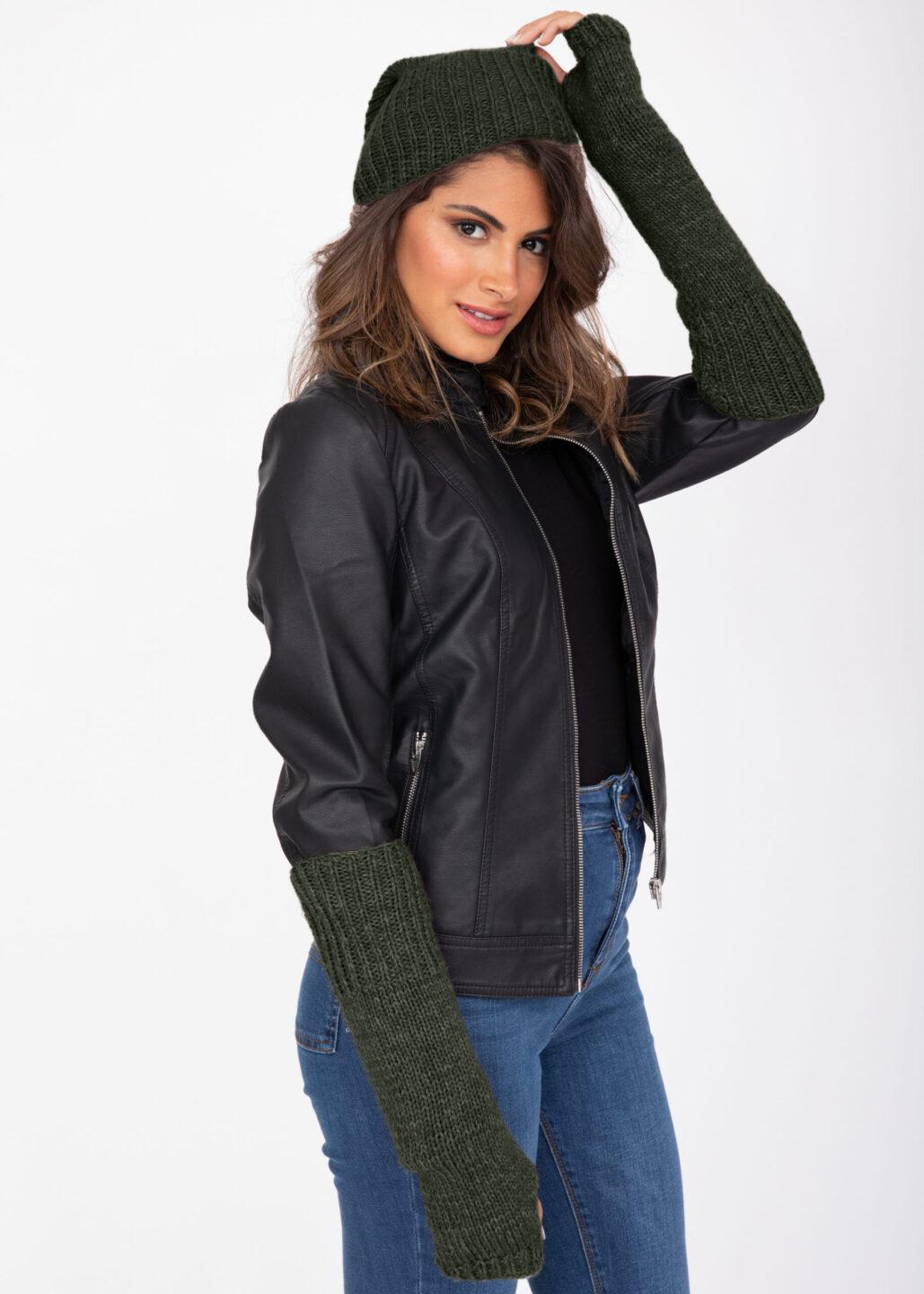 Ethically Made Merino Wool Long Fingerless Gloves in Camo Green - likemary