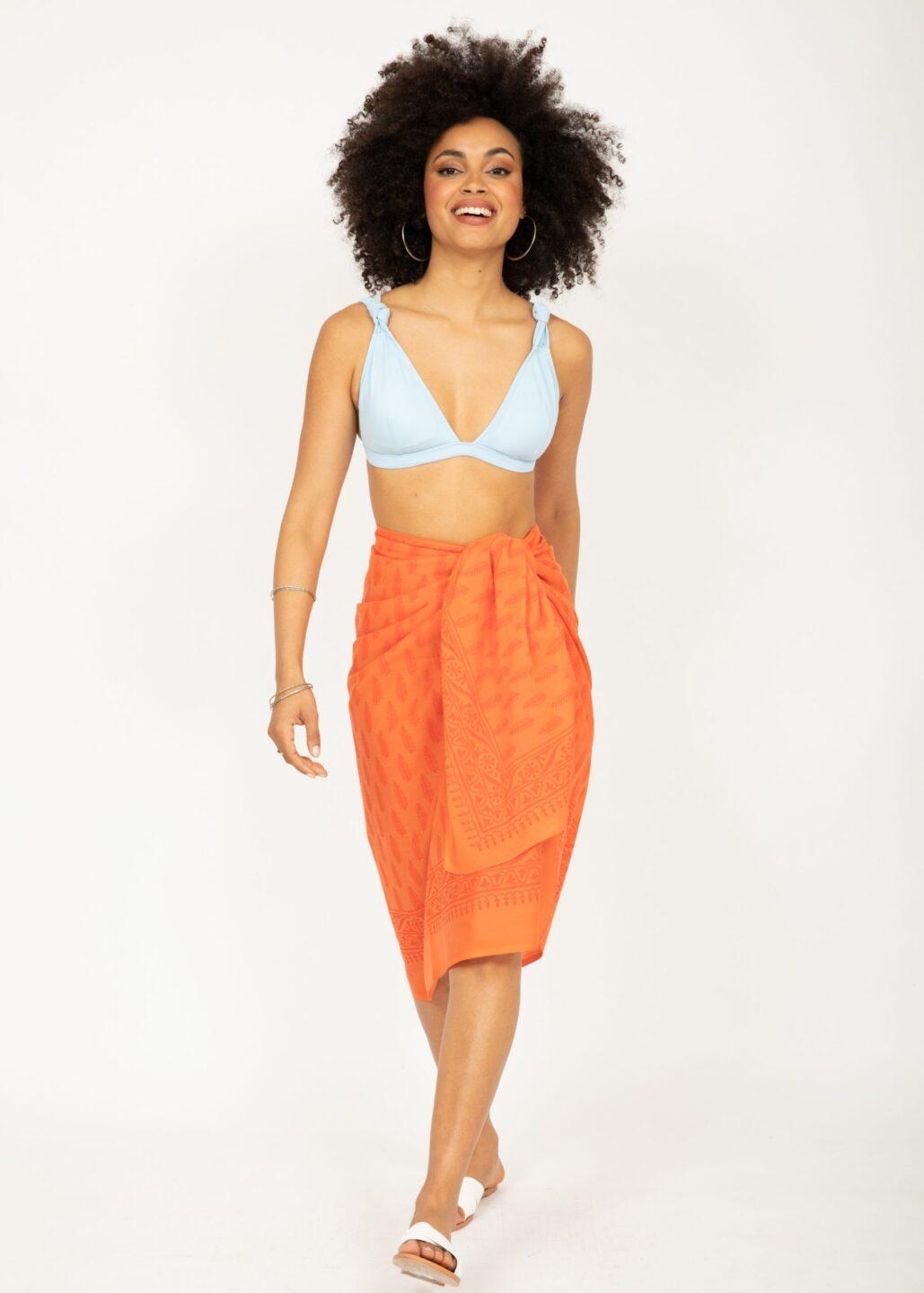 Feathers Block Print Orange Cotton Sarong - likemary