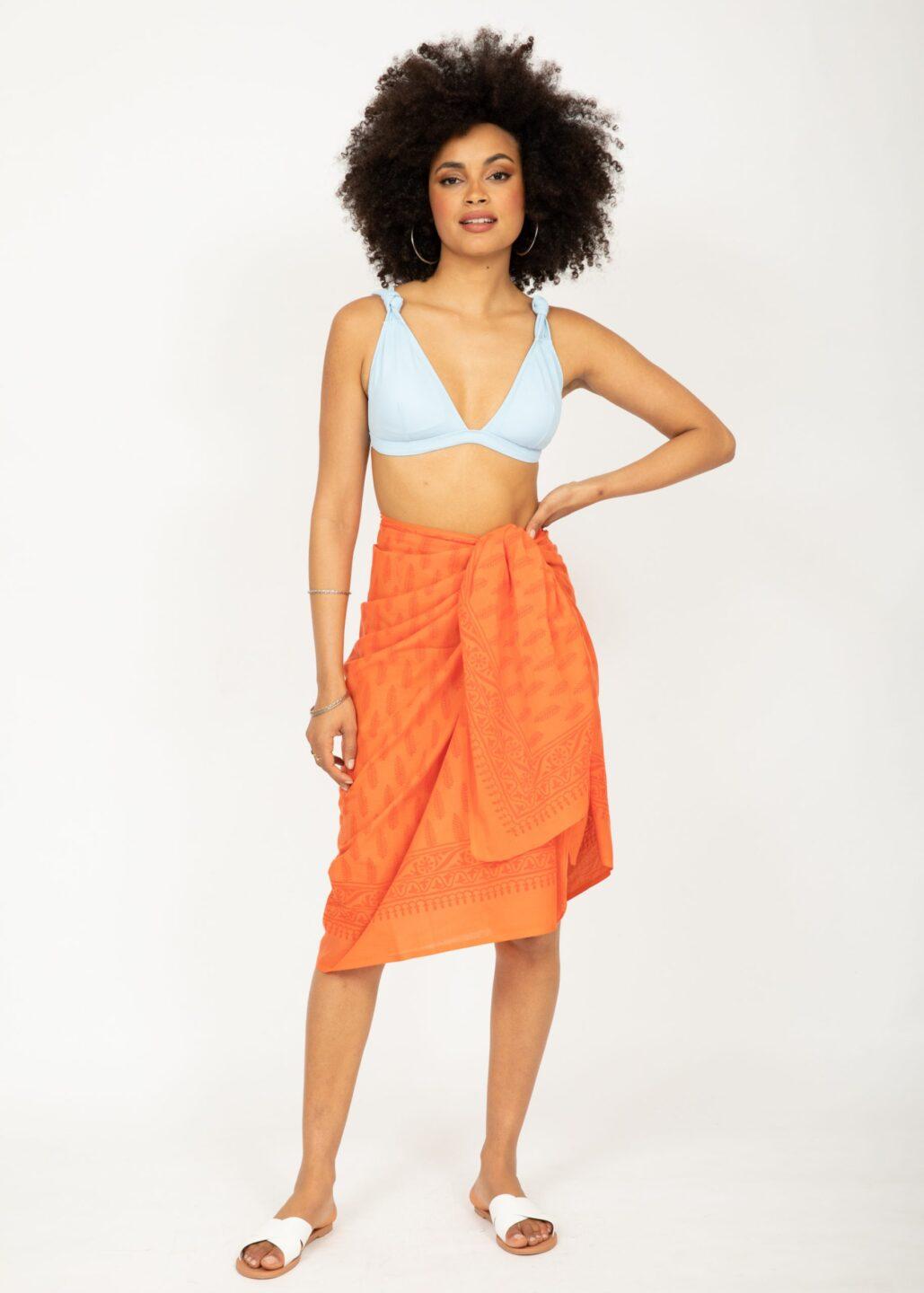 Feathers Block Print Orange Cotton Sarong - likemary