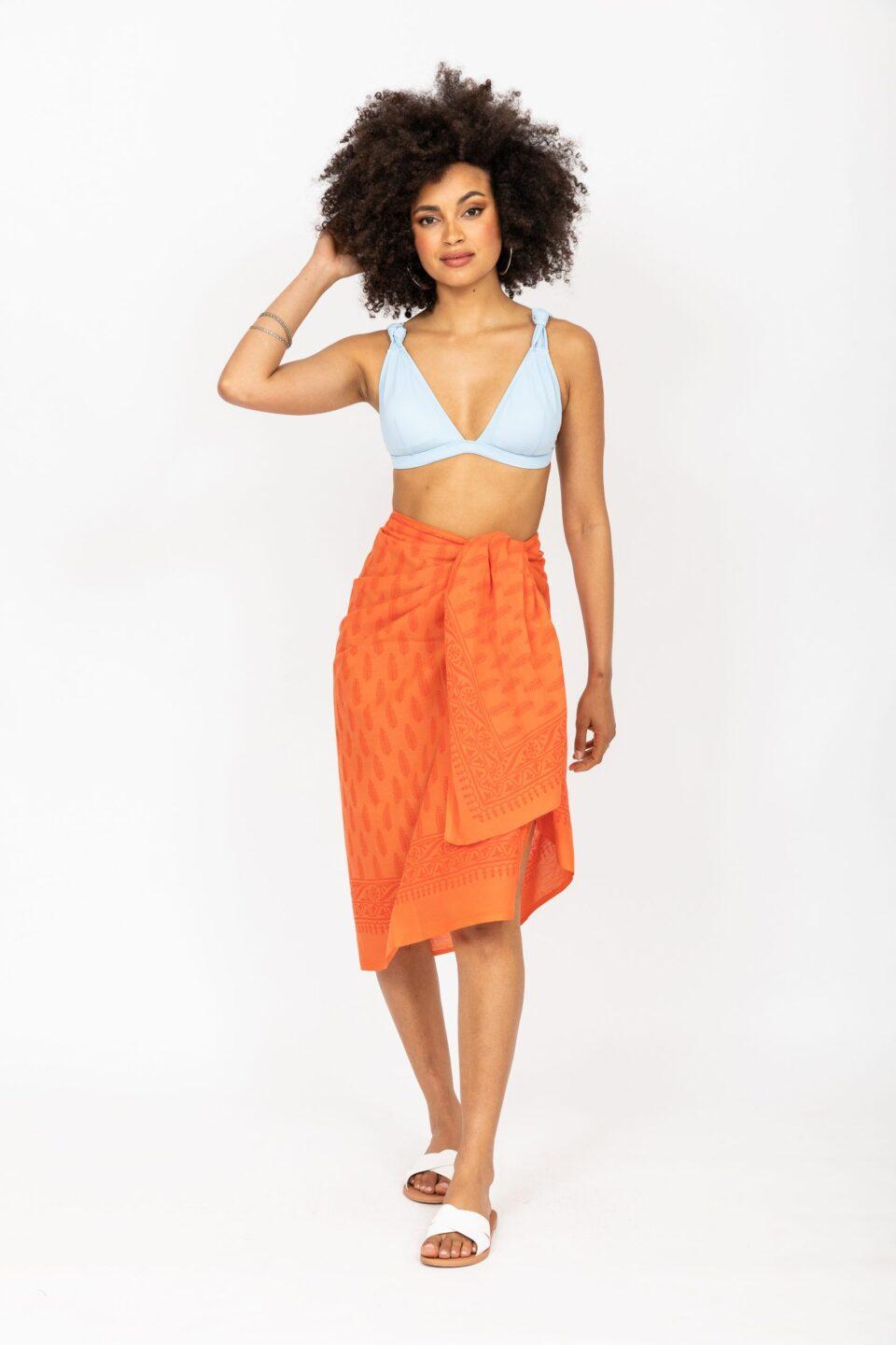Feathers Block Print Orange Cotton Sarong - likemary