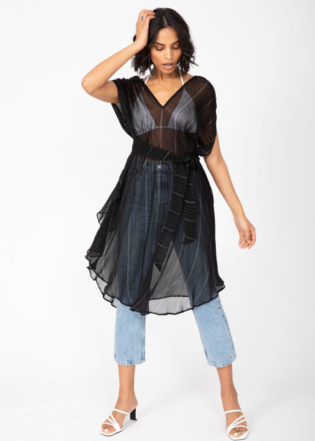 Floaty Kaftan Dress in Sheer Black with Silver - likemary