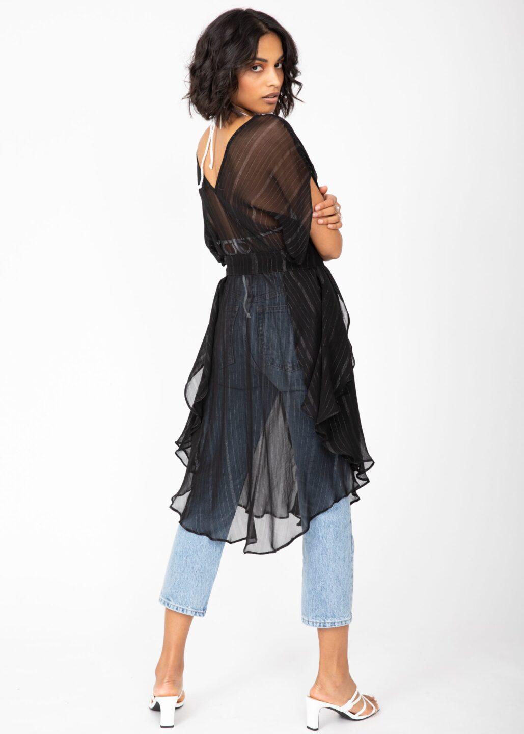 Floaty Kaftan Dress in Sheer Black with Silver - likemary