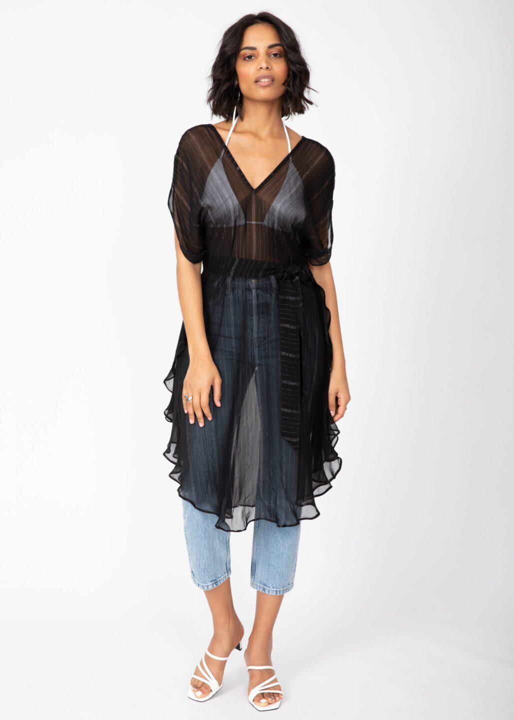 Floaty Kaftan Dress in Sheer Black with Silver - likemary