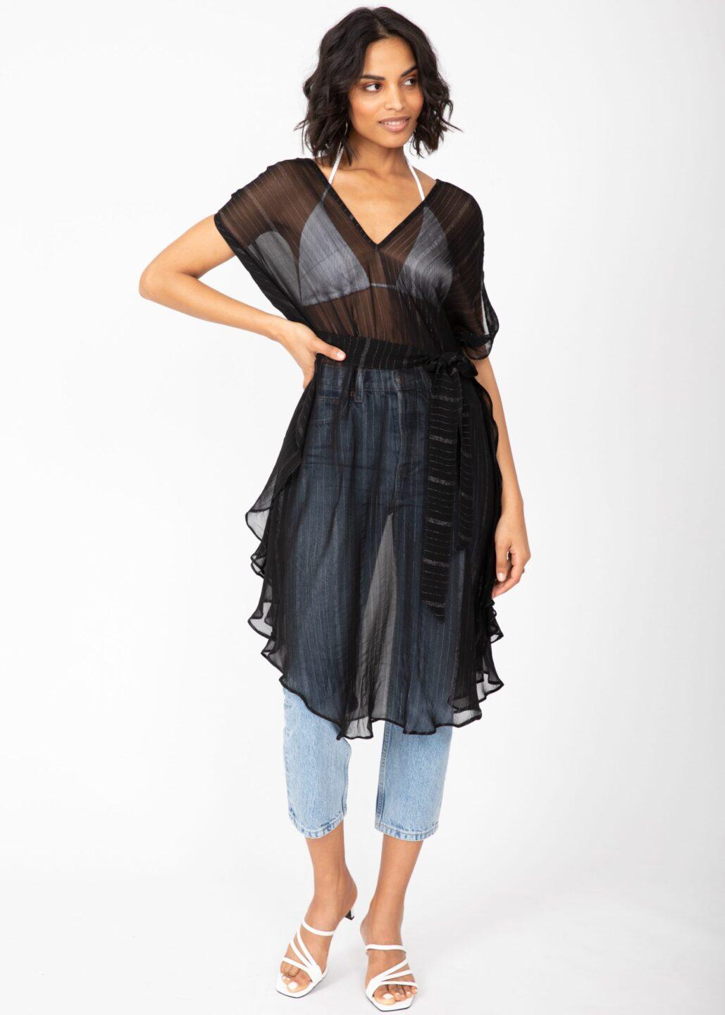 Floaty Kaftan Dress in Sheer Black with Silver - likemary