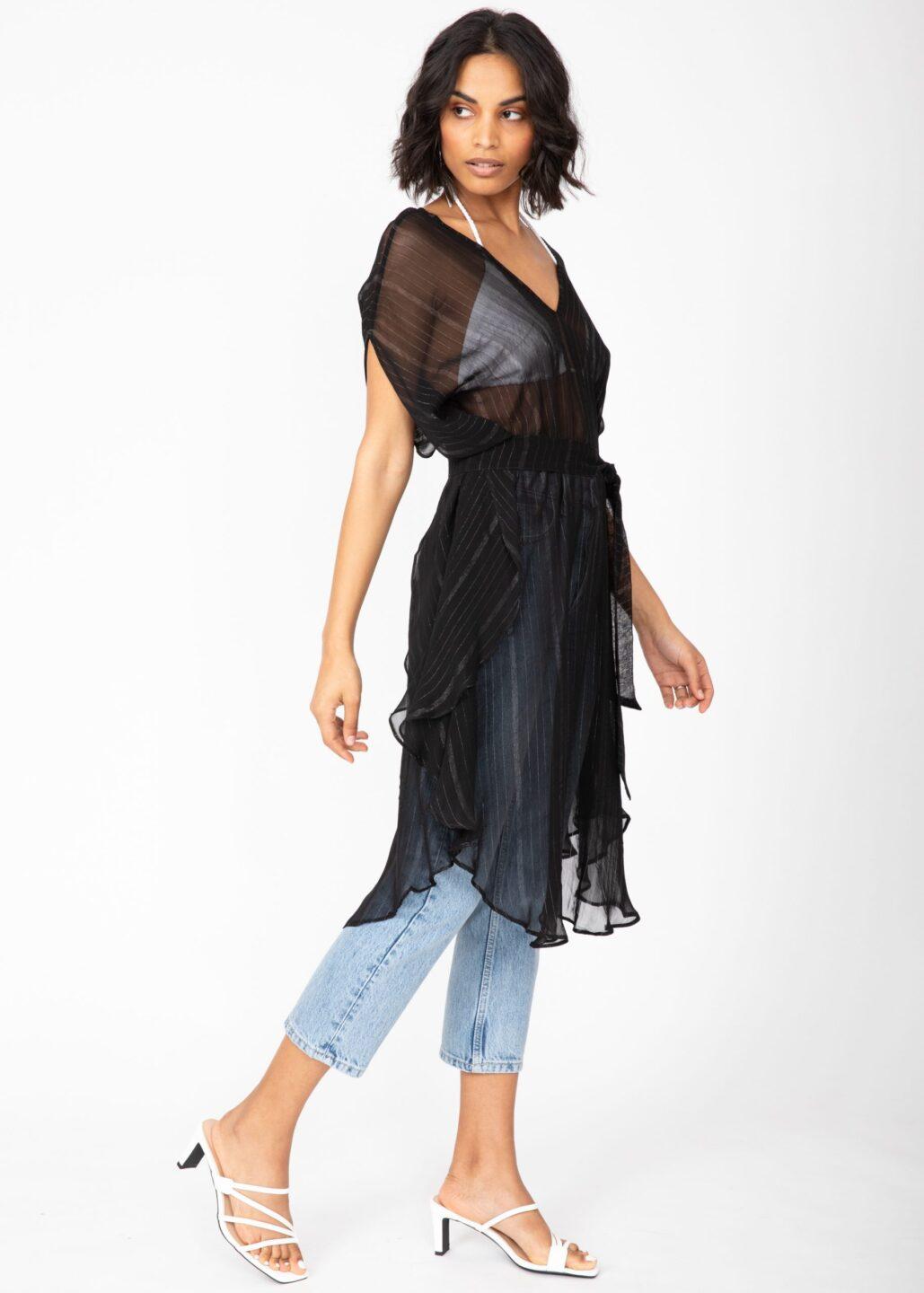 Floaty Kaftan Dress in Sheer Black with Silver - likemary