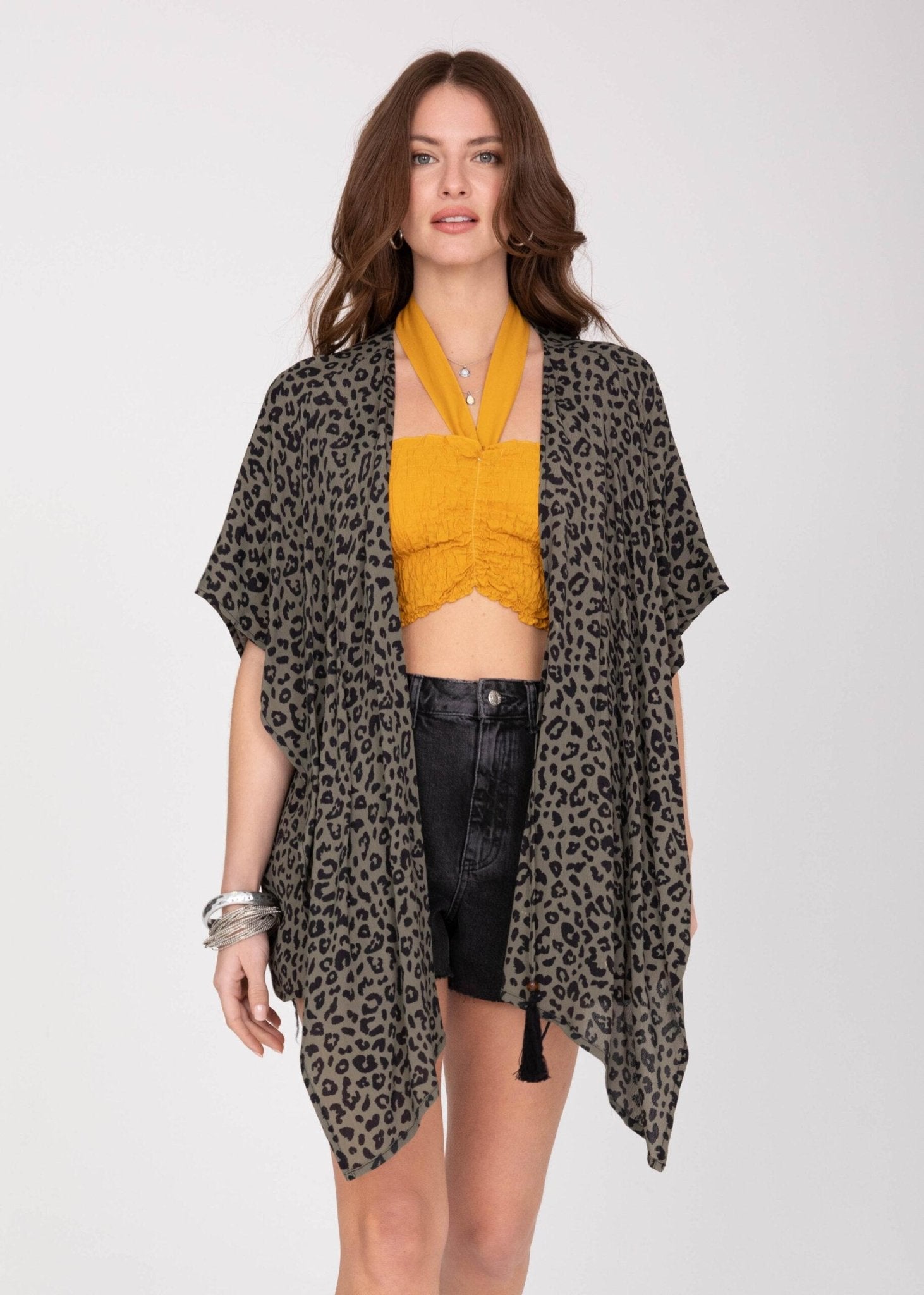 Floaty Kimono Cover Up in Green Leopard Print - likemary