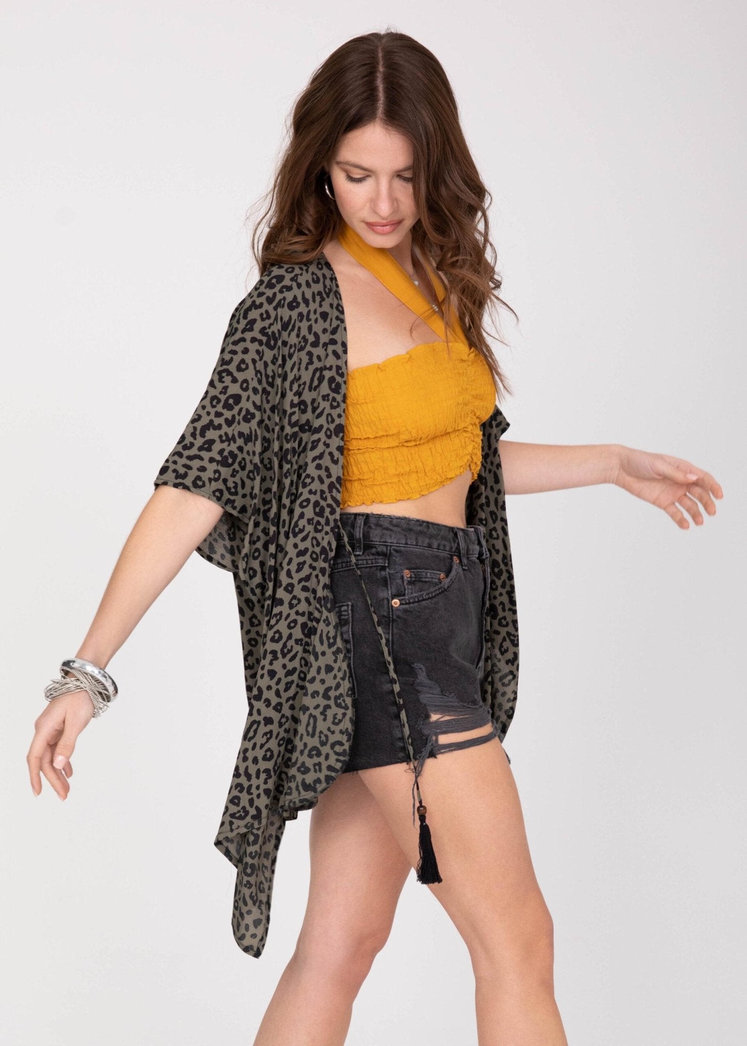 Floaty Kimono Cover Up in Green Leopard Print - likemary