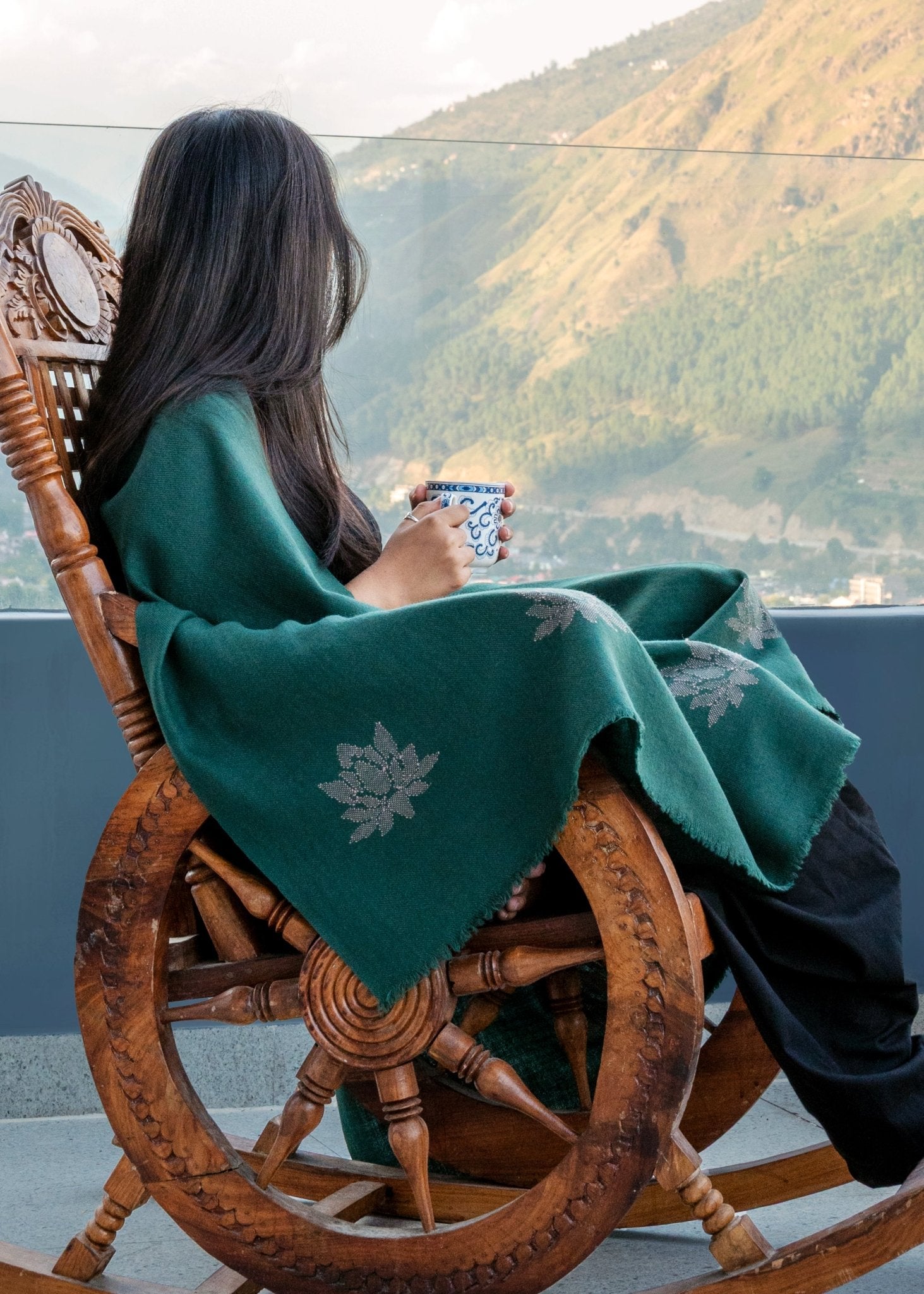 Green Shawl Wrap - Wool Blanket Scarf with Pink Lotus - likemary