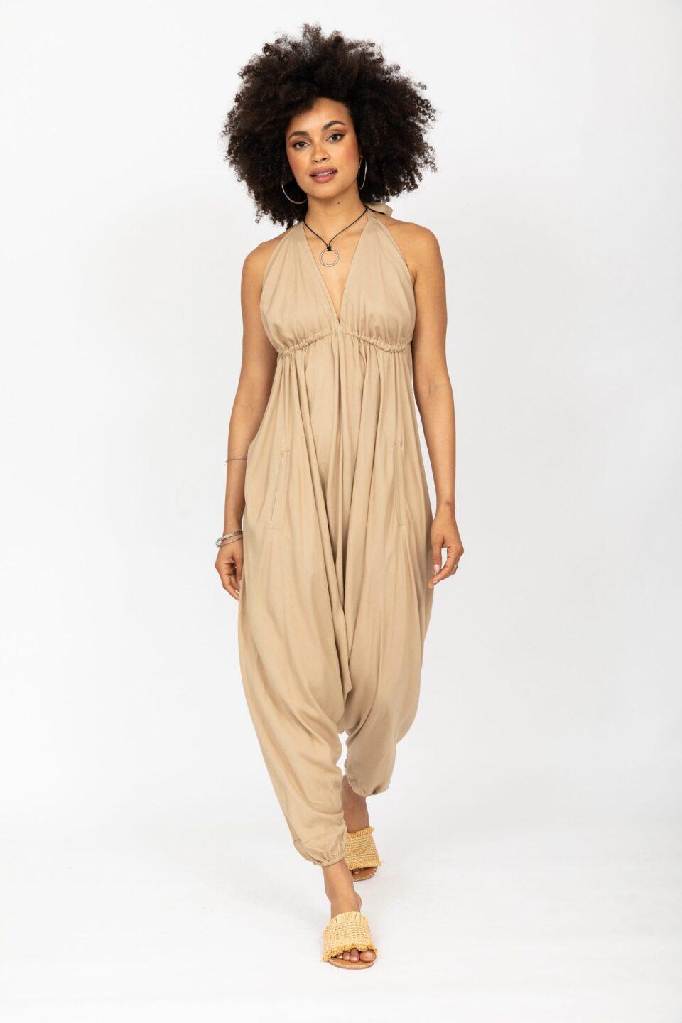 Halter Harem Jumpsuit Biscuit Beige - likemary