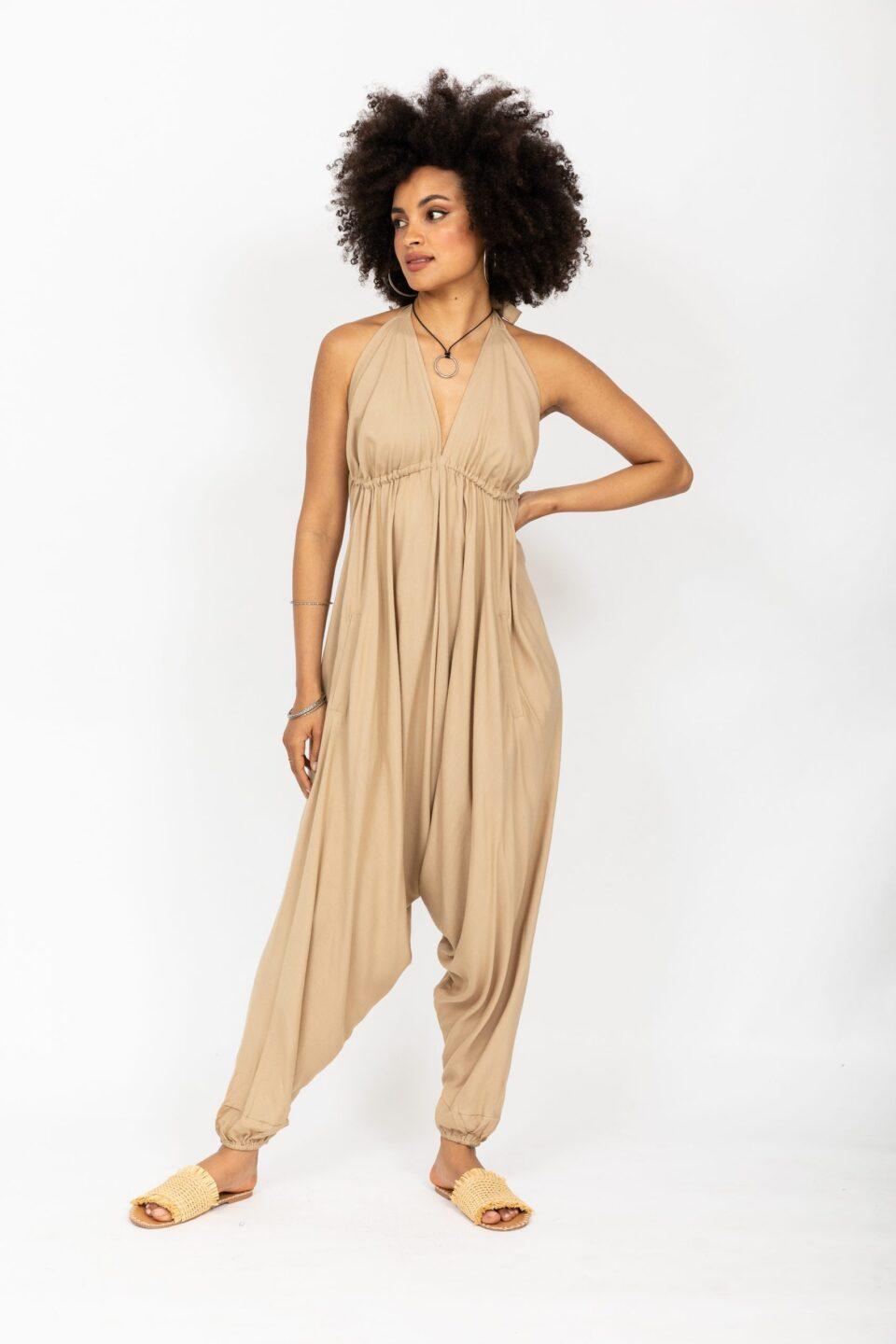 Halter Harem Jumpsuit Biscuit Beige - likemary