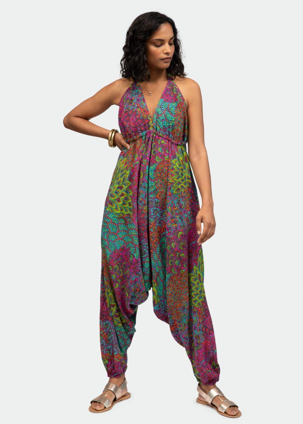 Halter Harem Jumpsuit Peacock Print Aqua Pink - likemary