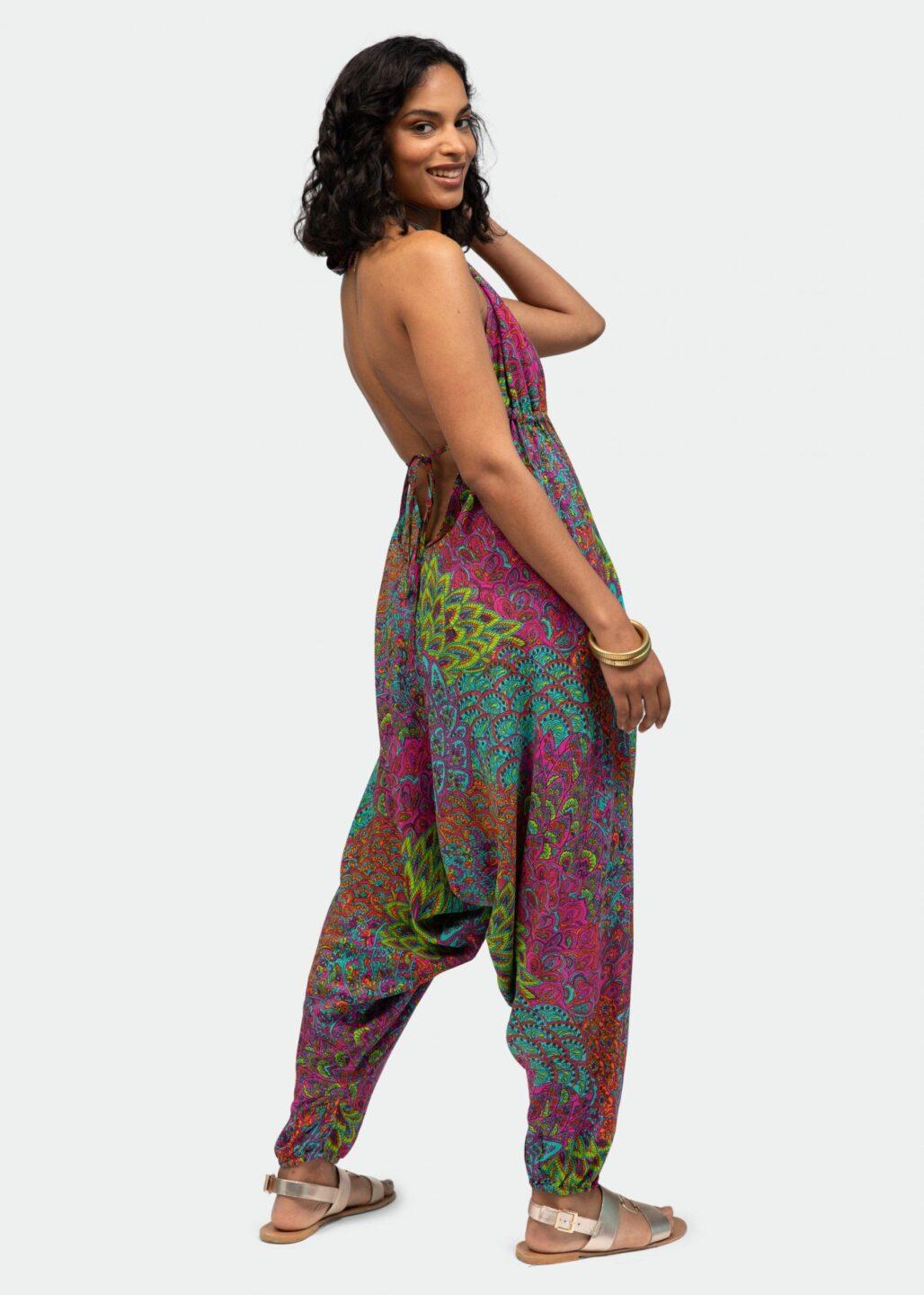 Halter Harem Jumpsuit Peacock Print Aqua Pink - likemary