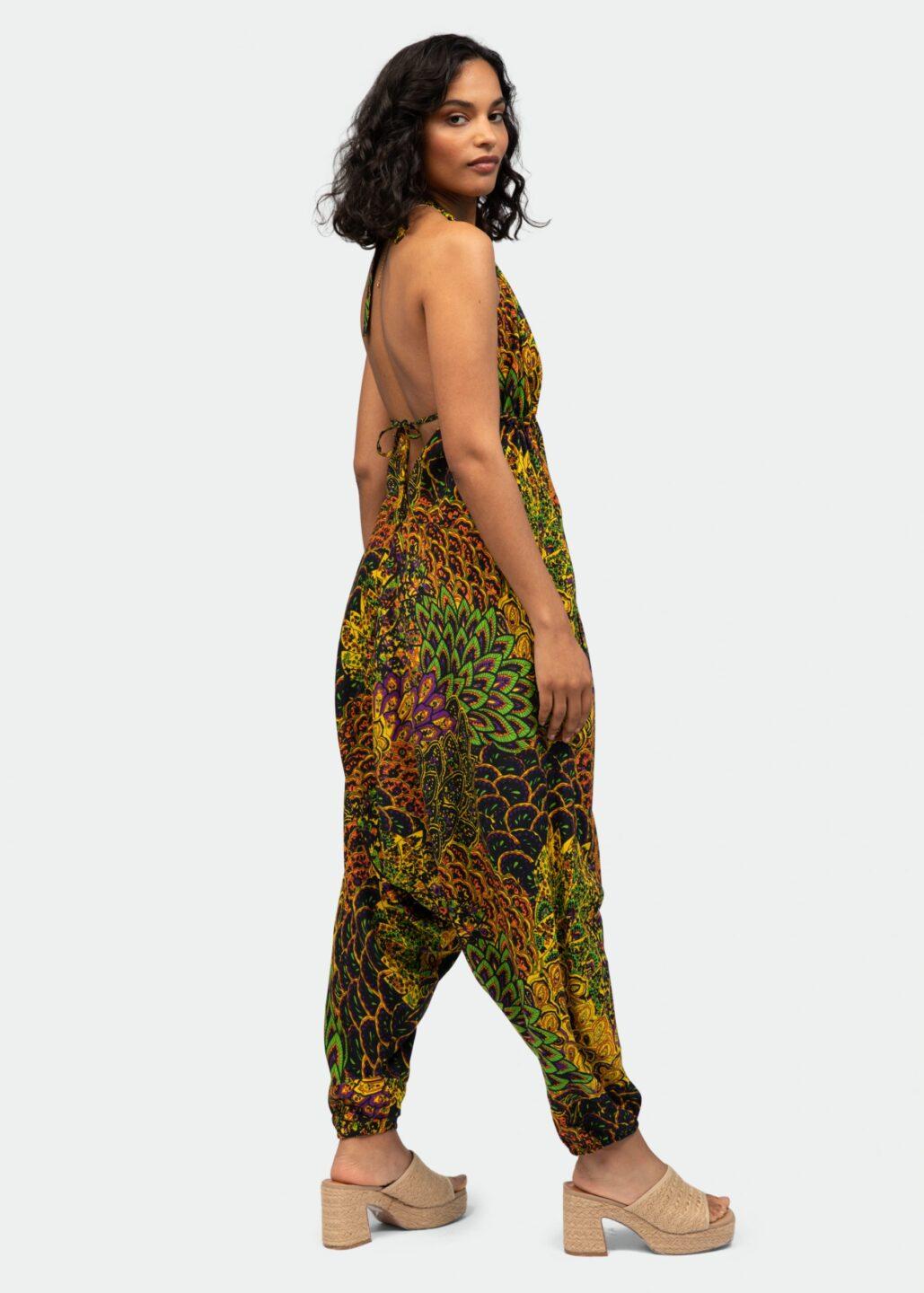 Halter Harem Jumpsuit Peacock Print Navy & Yellow - likemary