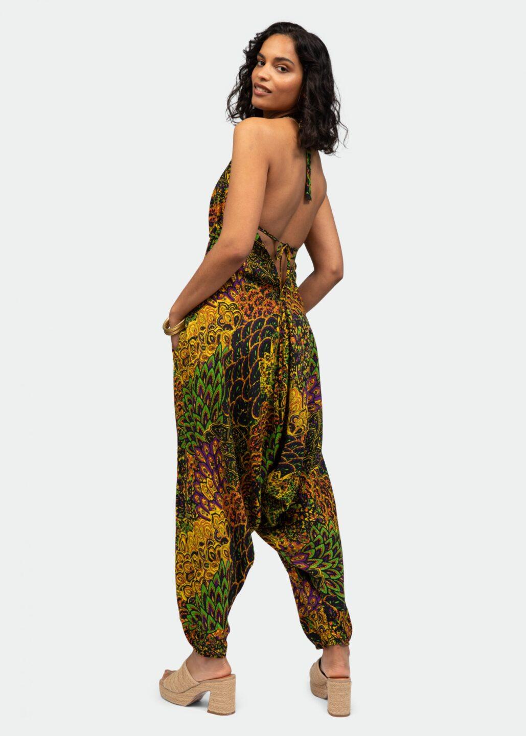 Halter Harem Jumpsuit Peacock Print Navy & Yellow - likemary