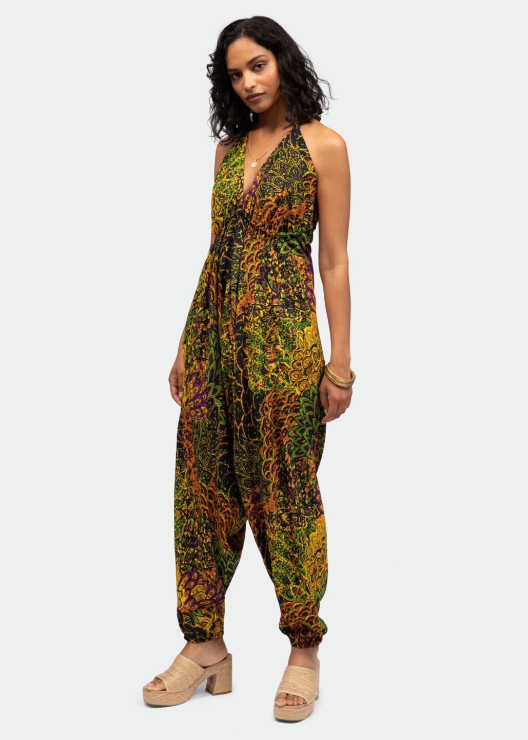 Halter Harem Jumpsuit Peacock Print Navy & Yellow - likemary