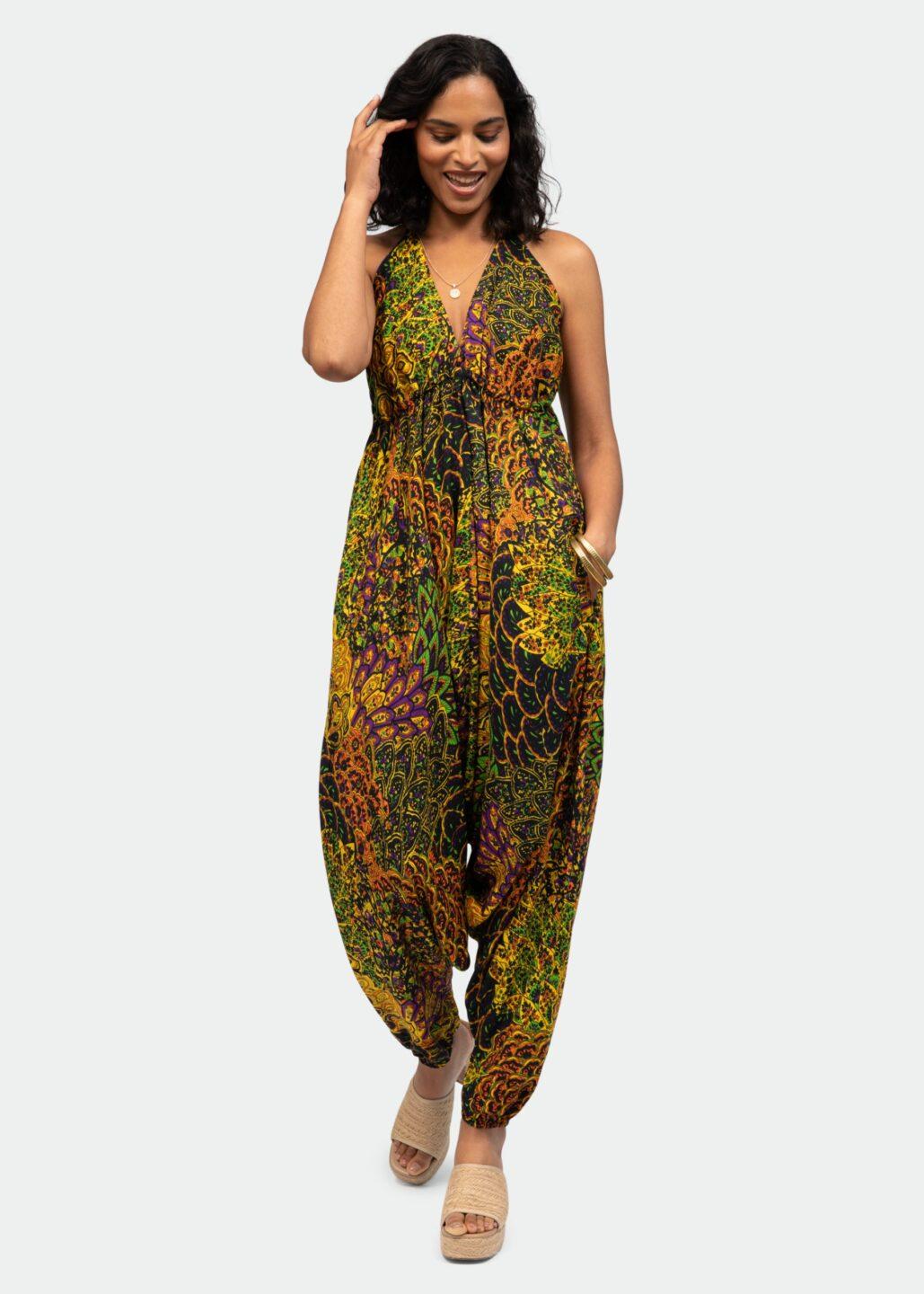 Halter Harem Jumpsuit Peacock Print Navy & Yellow - likemary