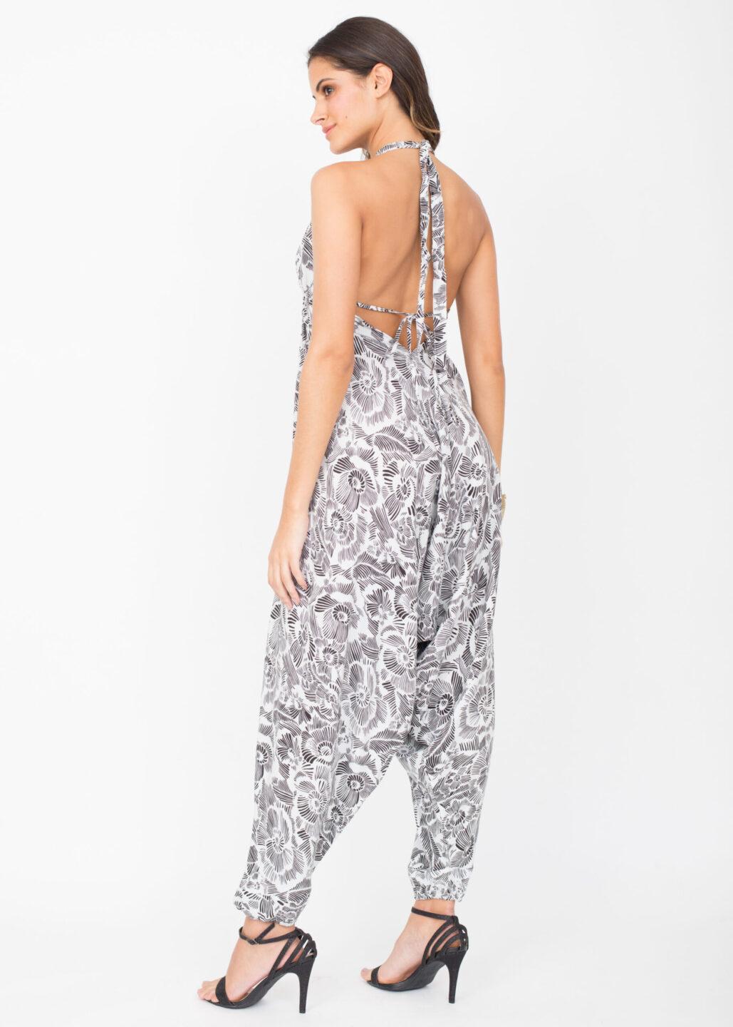 Halter Harem Printed Jumpsuit White Florals - likemary