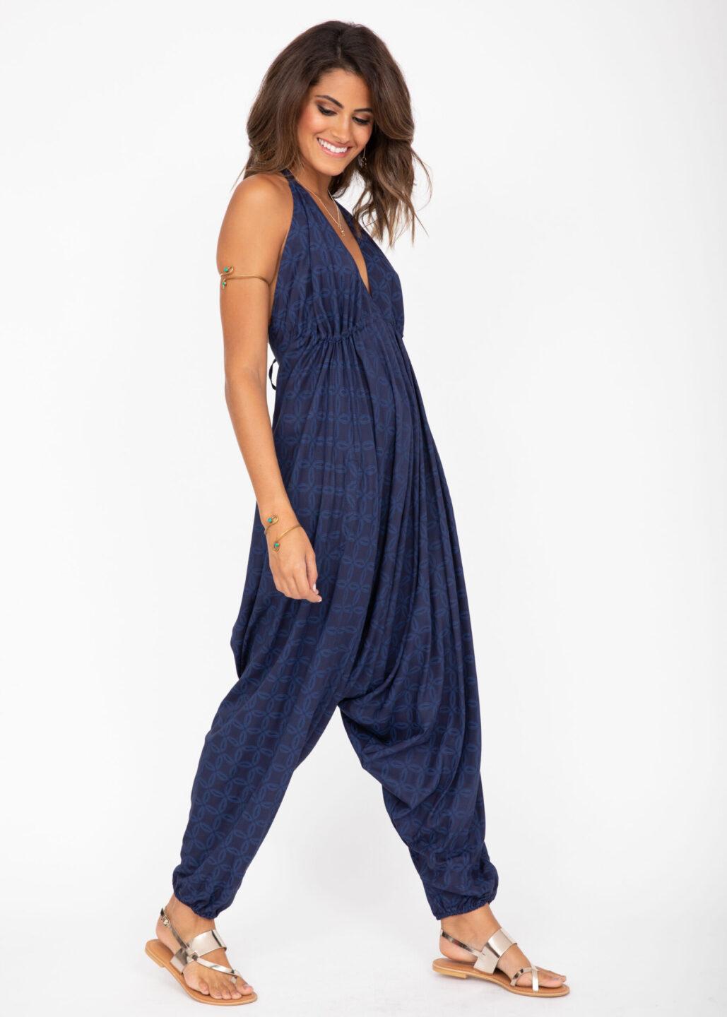 Halter Harem Romper Jumpsuit Blue Discs Print - likemary