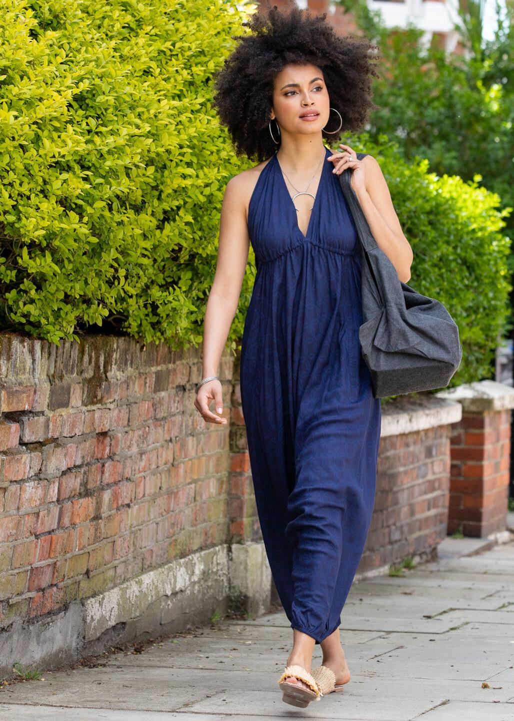 Halter Harem Romper Jumpsuit Blue Discs Print - likemary