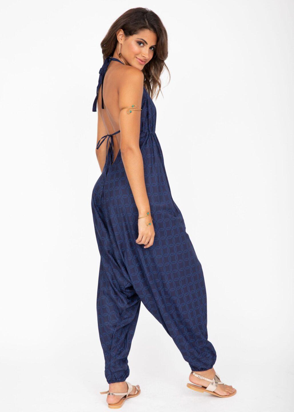 Halter Harem Romper Jumpsuit Blue Discs Print - likemary