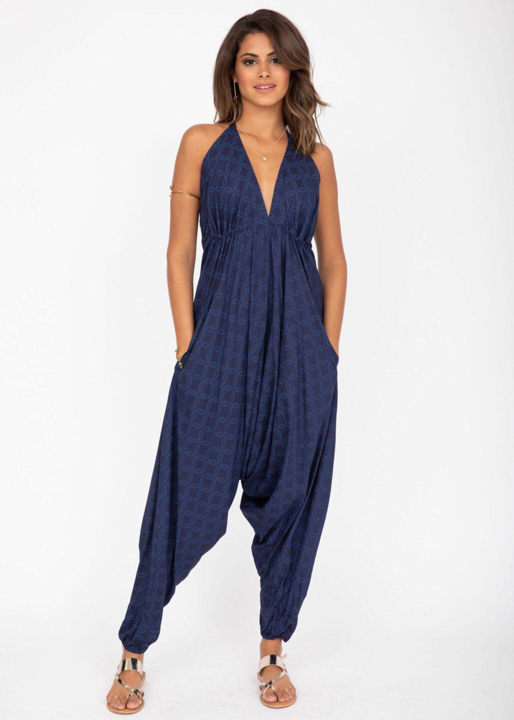 Halter Harem Romper Jumpsuit Blue Discs Print - likemary