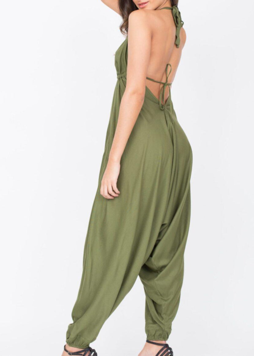Halter Harem Romper Jumpsuit Olive Green - likemary