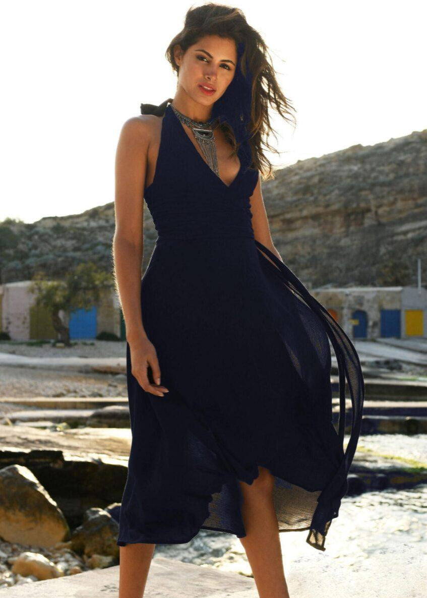 Halter Wrap Dress Navy Blue - likemary