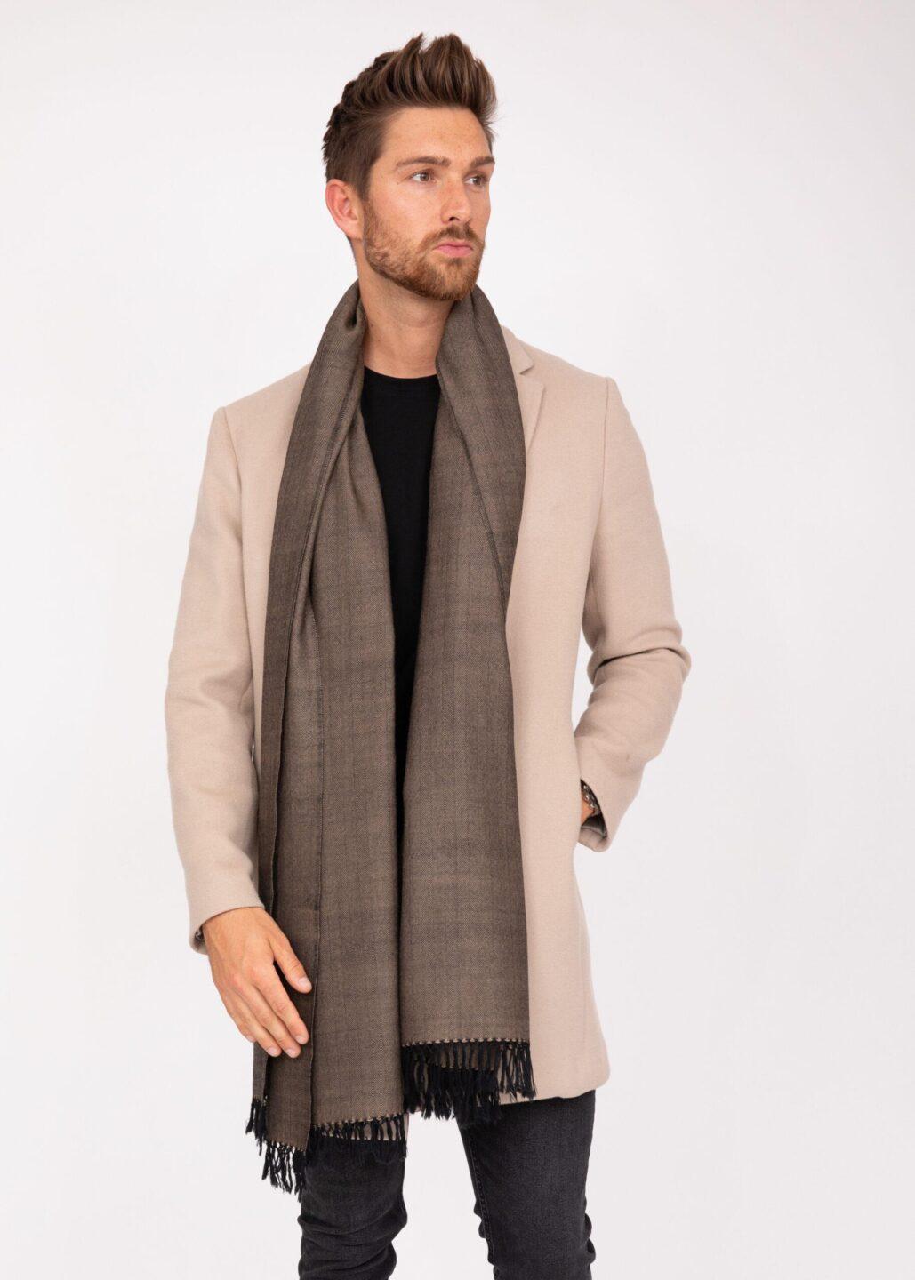 Handloom Merino Wool Herringbone Men's Oversize Scarf in Black - likemary